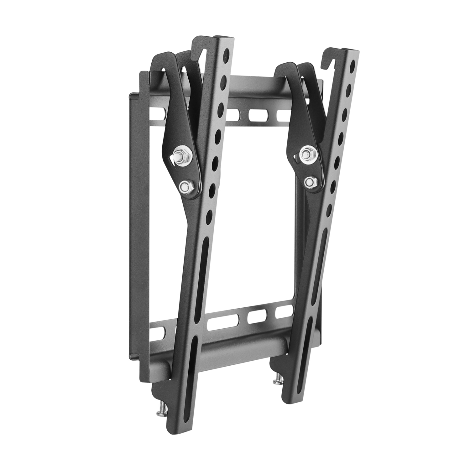 Eine schwarze TV-Wandhalterung aus Metall. Sie hat mehrere Halterungen, Löcher und Schrauben. Die Halterung befindet sich auf weißem Hintergrund.
