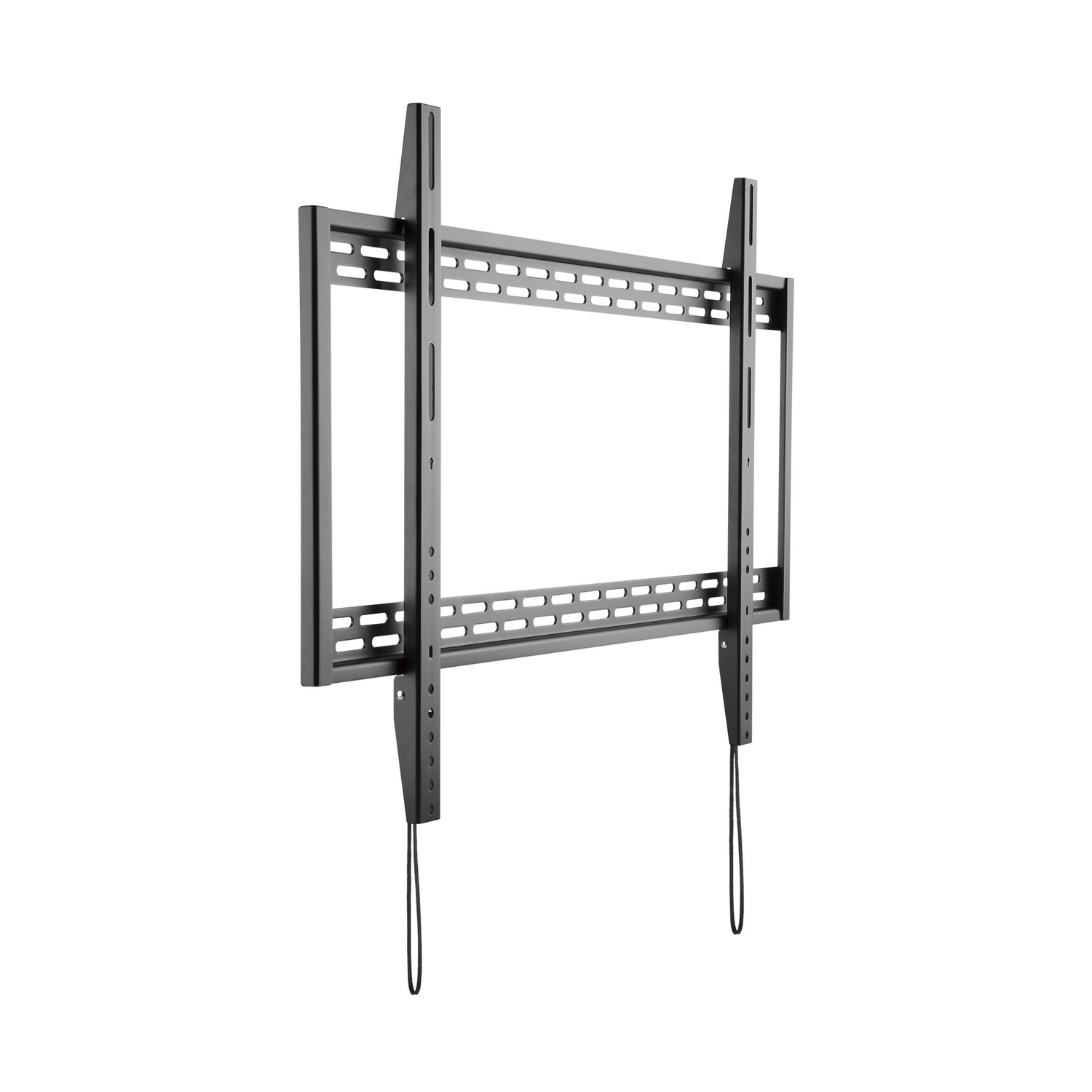 Un soporte de pared para TV negro sobre fondo blanco. Tiene barras metálicas horizontales y verticales con agujeros y dos cuerdas colgantes.