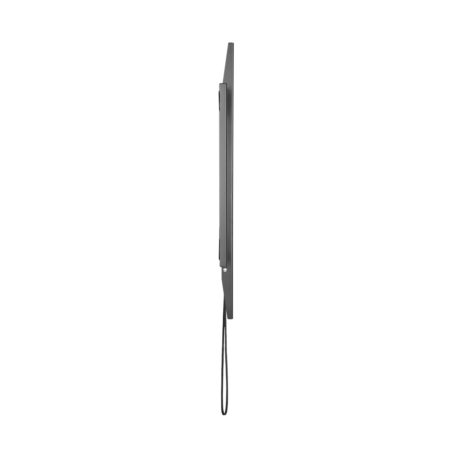 Un dispositivo rectangular gris oscuro, posiblemente un televisor o monitor, se ve de lado. Tiene un cable negro colgando.