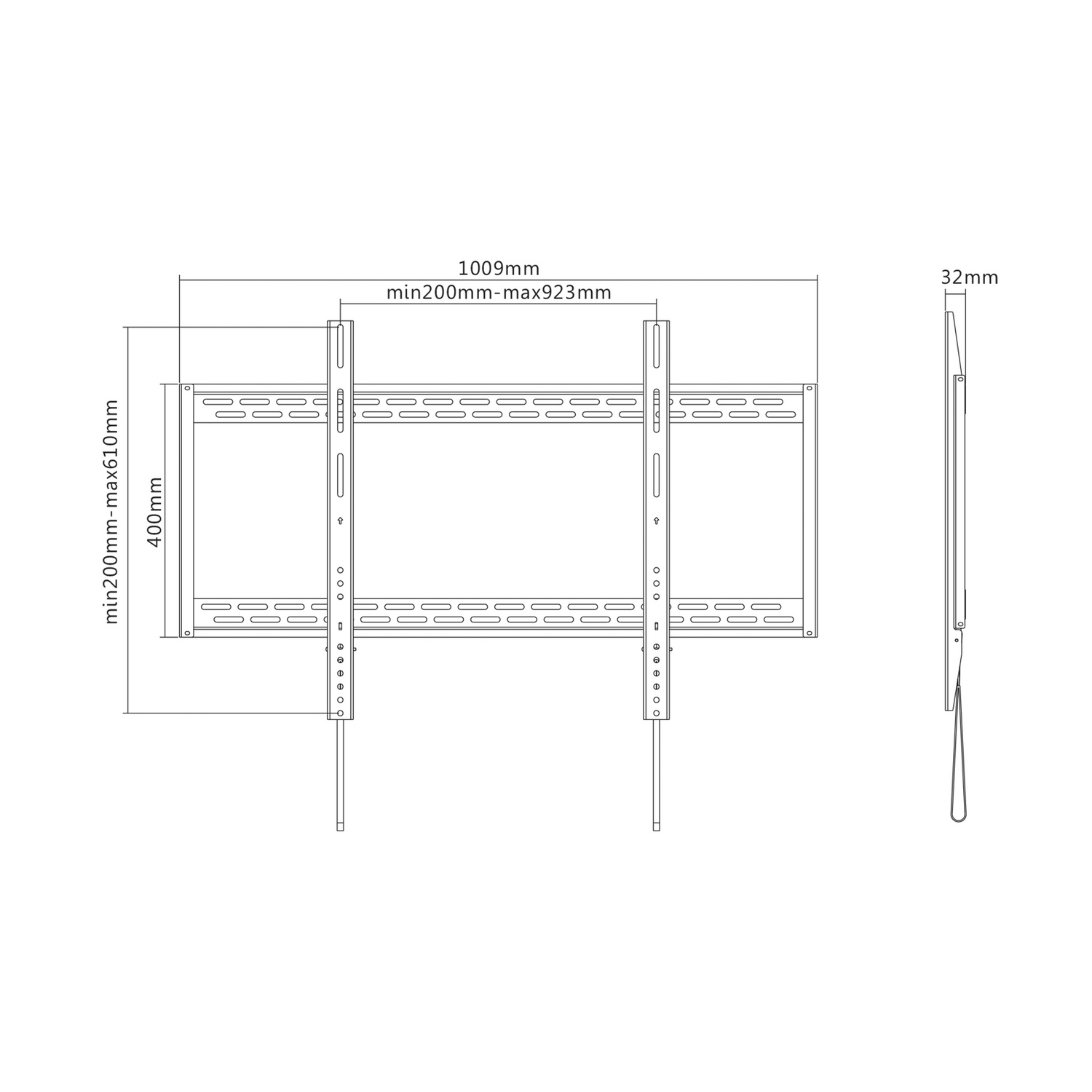 Dibujo técnico de un soporte de pared para TV. Muestra dimensiones en mm, incluyendo ancho, alto y grosor, y el perfil del soporte.