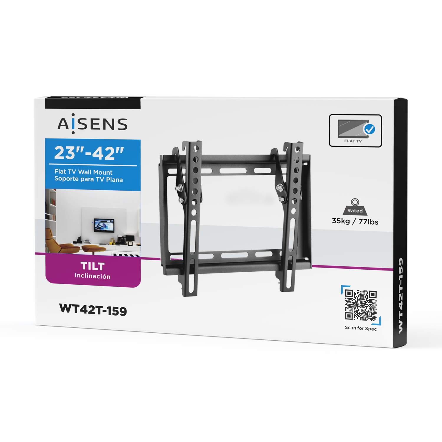 Eine TV-Wandhalterungsbox mit einer Halterung. Sie trägt den Markennamen AISENS, die Größe 23"-42" und das Gewicht 35 kg/77 lbs. Das Produkt ist mit WT42T-159 gekennzeichnet.