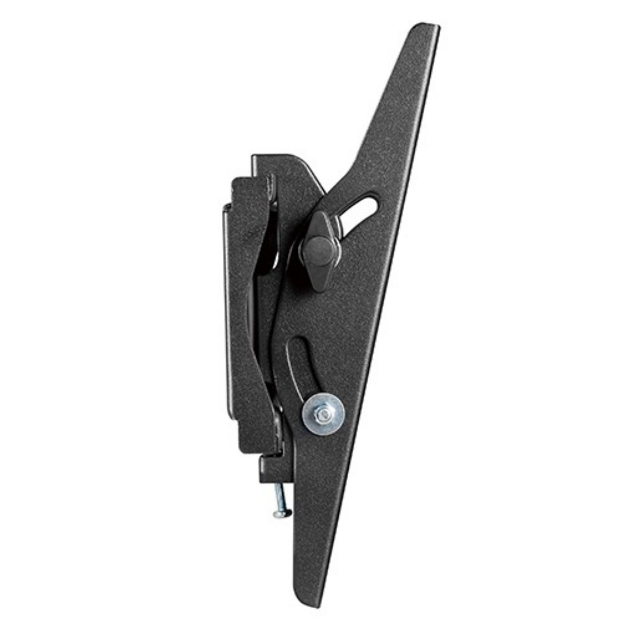 A black, angled TV wall mount. It has adjustable parts, screws, and a round knob. The background is white.