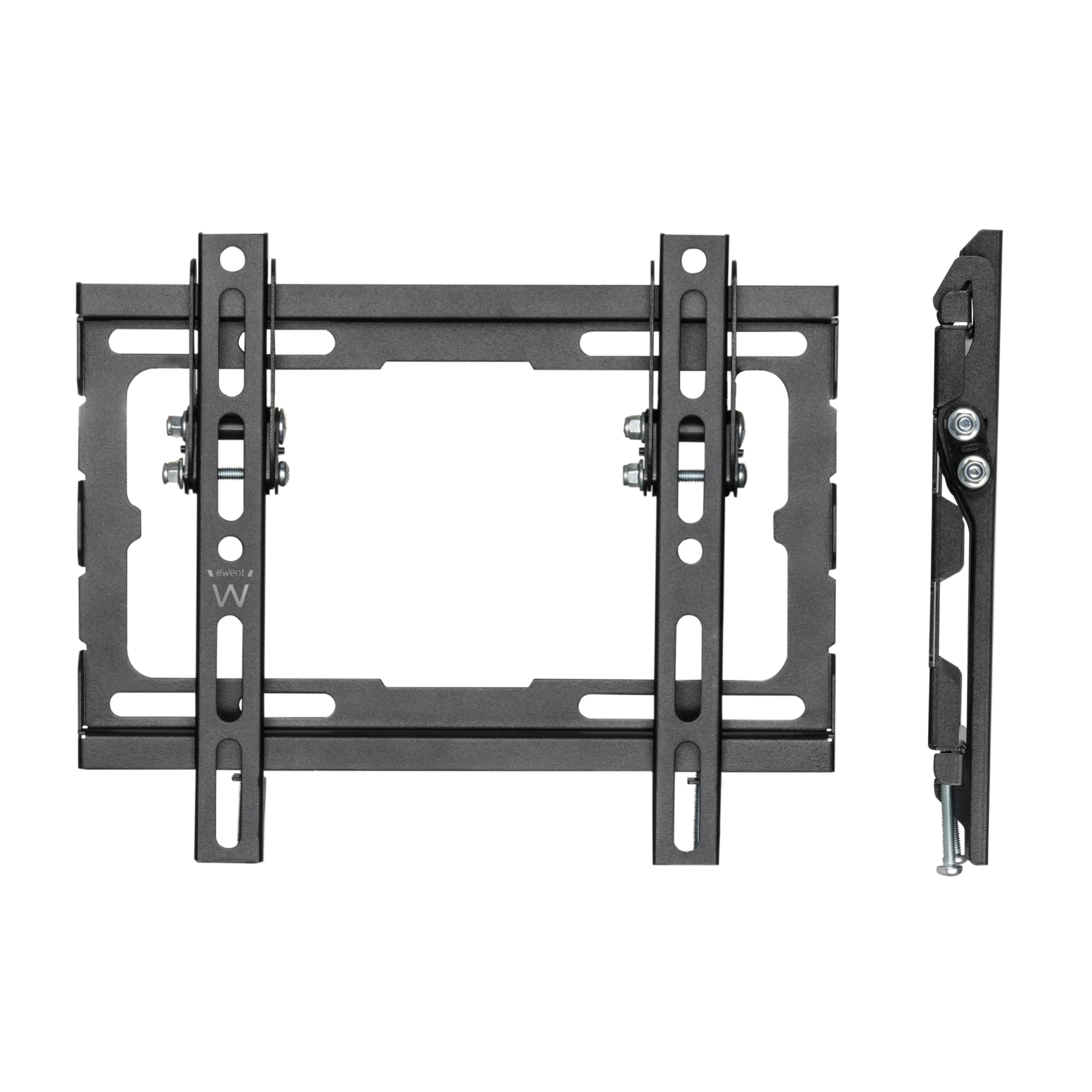 Schwarze TV-Wandhalterung aus Metall. Zwei Teile, eines für die Wand und eines für den Fernseher. Schrauben und weißer Hintergrund.