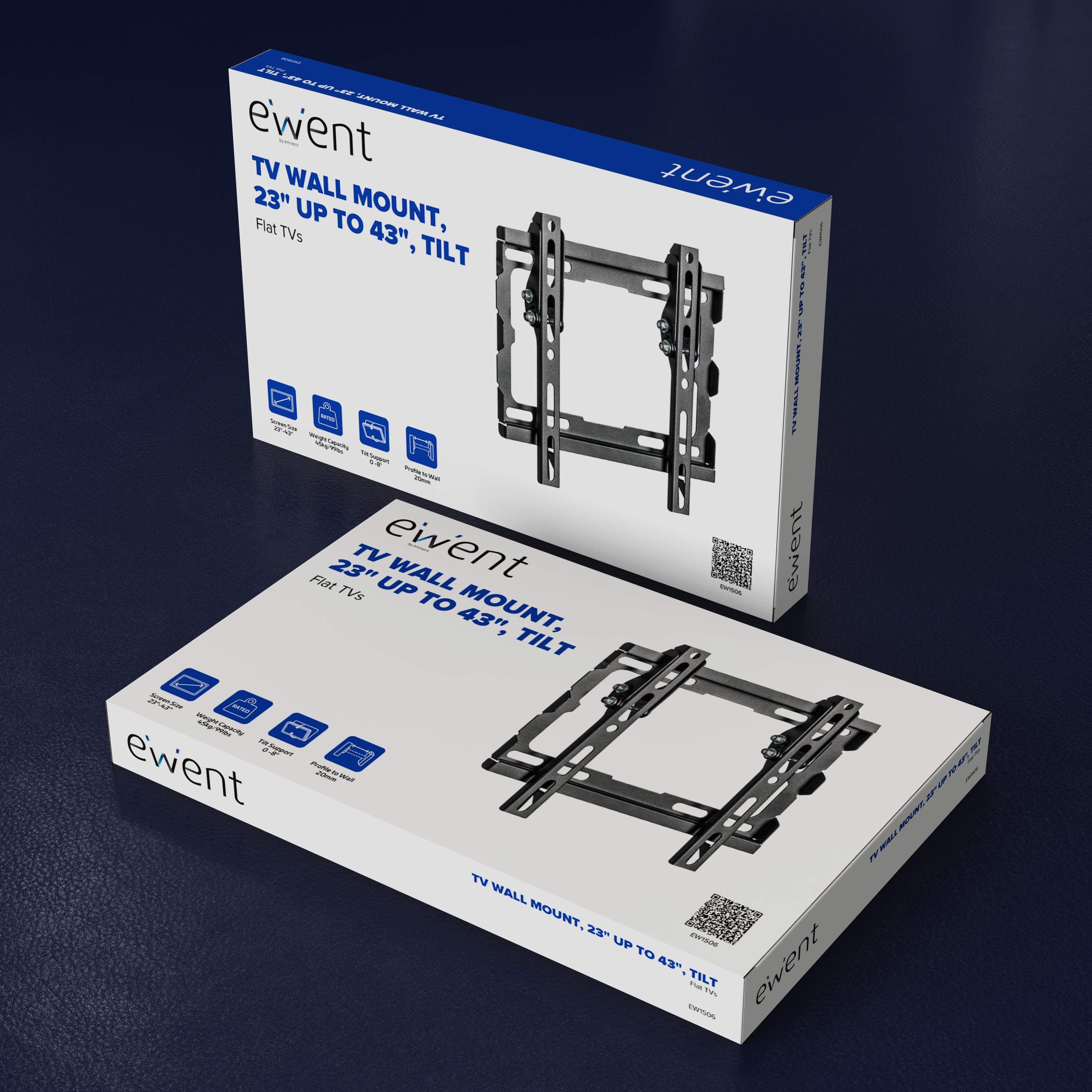 Zwei weiße Kartons mit TV-Wandhalterungen auf einer dunkelblauen Oberfläche. Die Kartons zeigen Produktinfos und eine Halterung.
