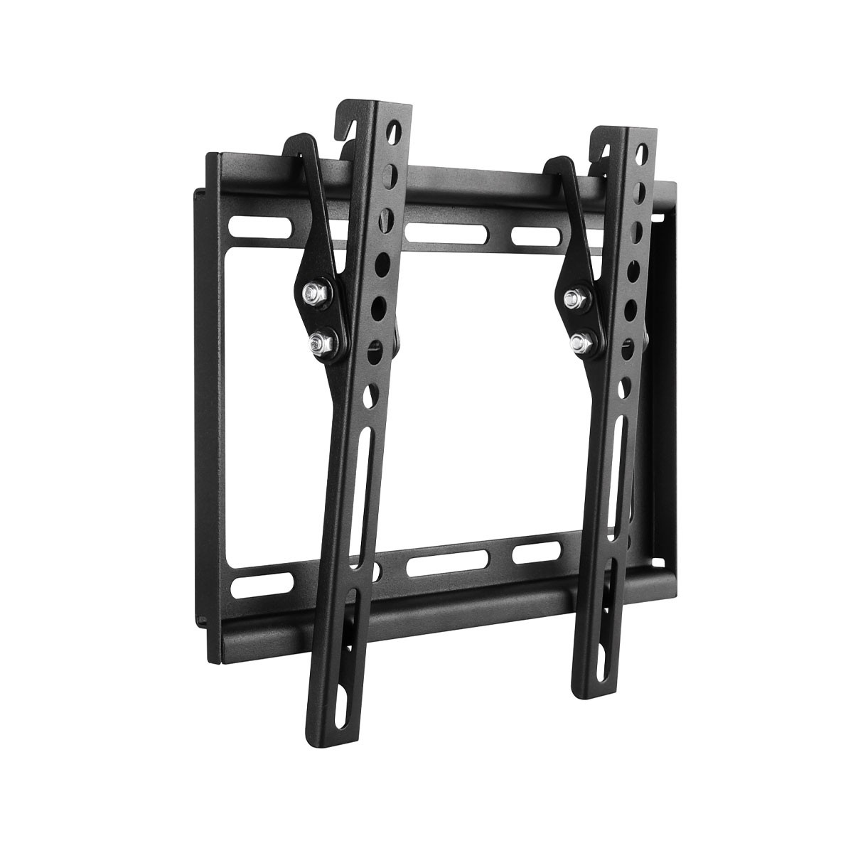 Eine schwarze TV-Wandhalterung aus Metall. Sie hat zwei vertikale Arme mit Löchern und zwei horizontale Stangen. Schrauben sichern die Arme.