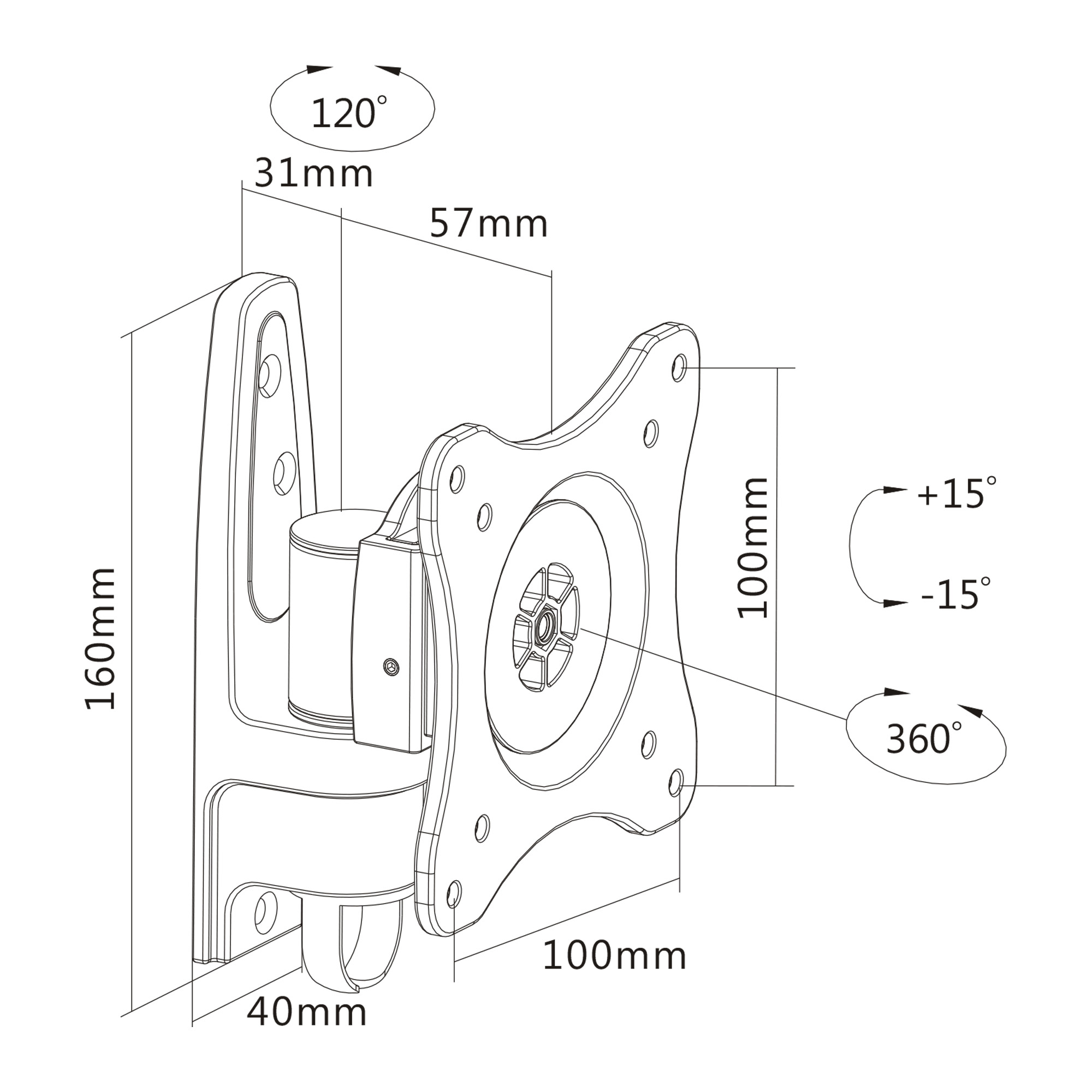 Diagramma di un supporto TV. Mostra le dimensioni: 160 mm, 100 mm, 40 mm, 57 mm, 31 mm. Angoli: 120°, 360°, +15°, -15°.