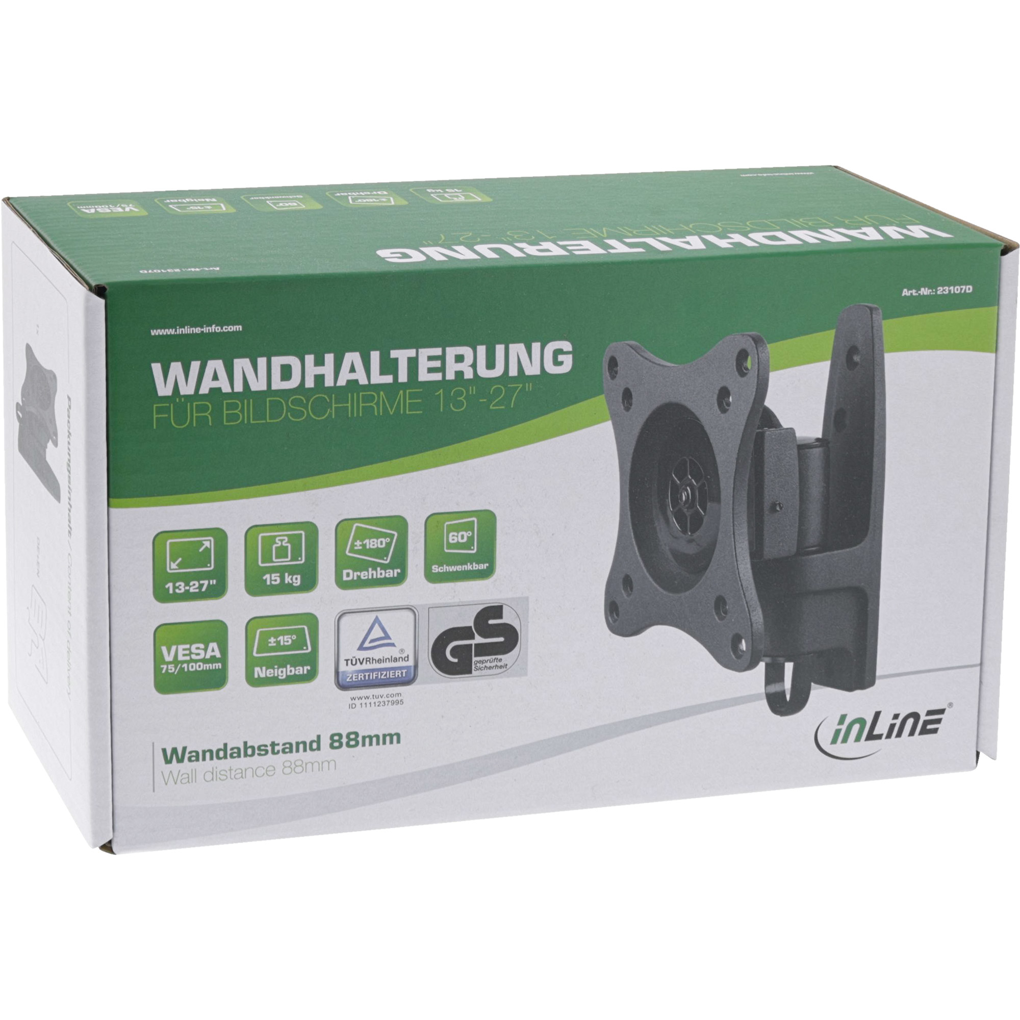 Scatola con supporto a parete nero per monitor. Design verde e bianco. Il testo include 'Wandhalterung', '13-27"' e specifiche.