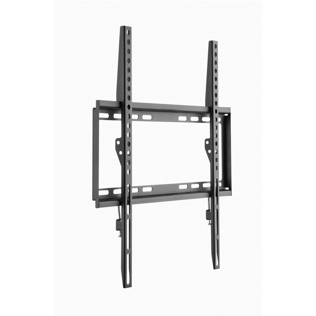 A black metal TV wall mount with multiple holes and slots for adjustment, against a white background.