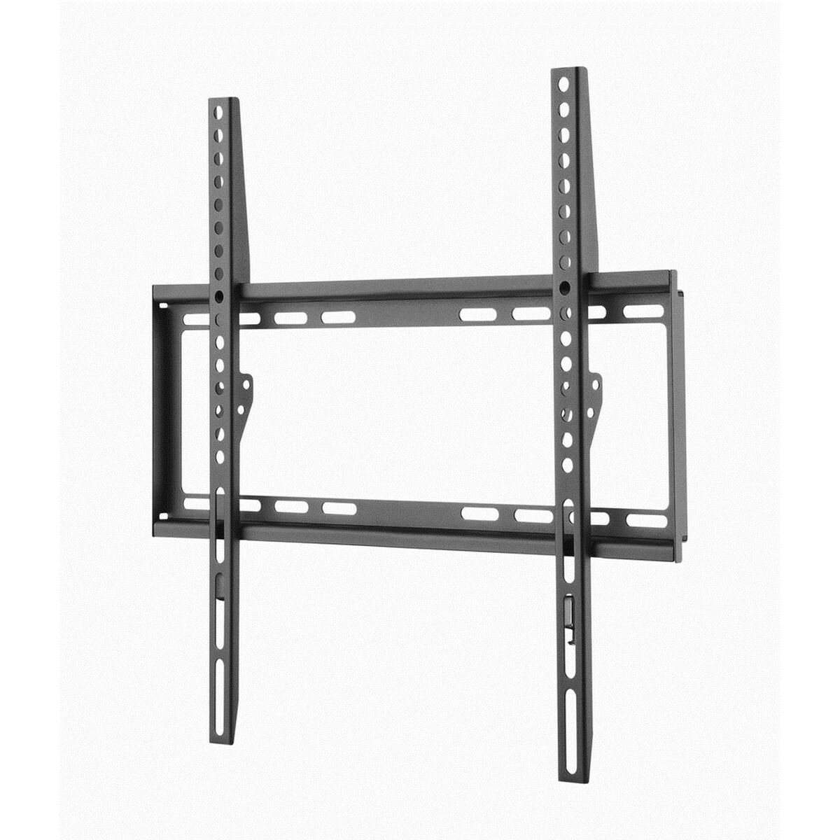 A black metal TV wall mount. It has two vertical bars with holes and a rectangular frame with slots, isolated on white.