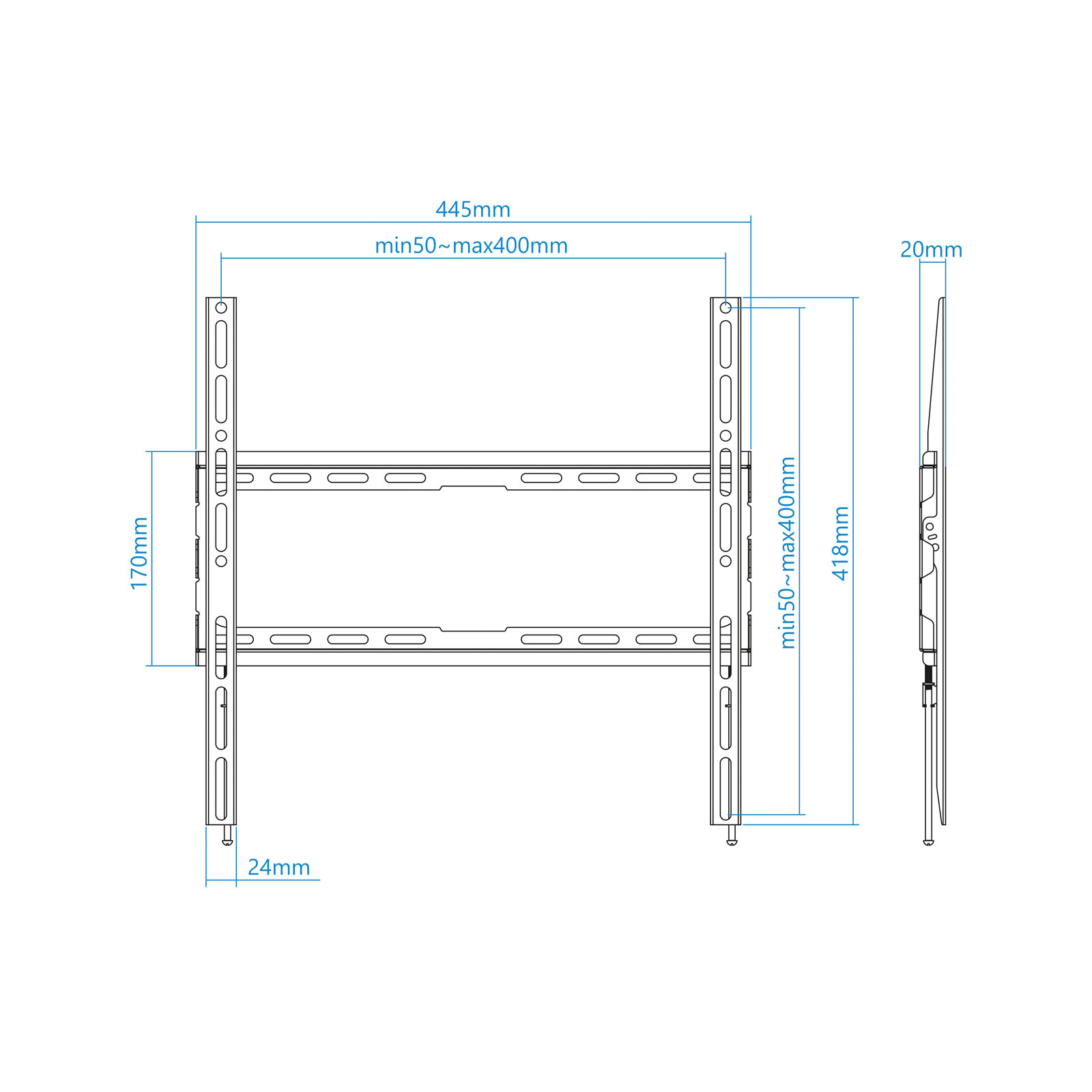 Disegno tecnico di un supporto TV. Dimensioni: 445 mm larghezza, 418 mm altezza e 20 mm profondità. Misure etichettate.