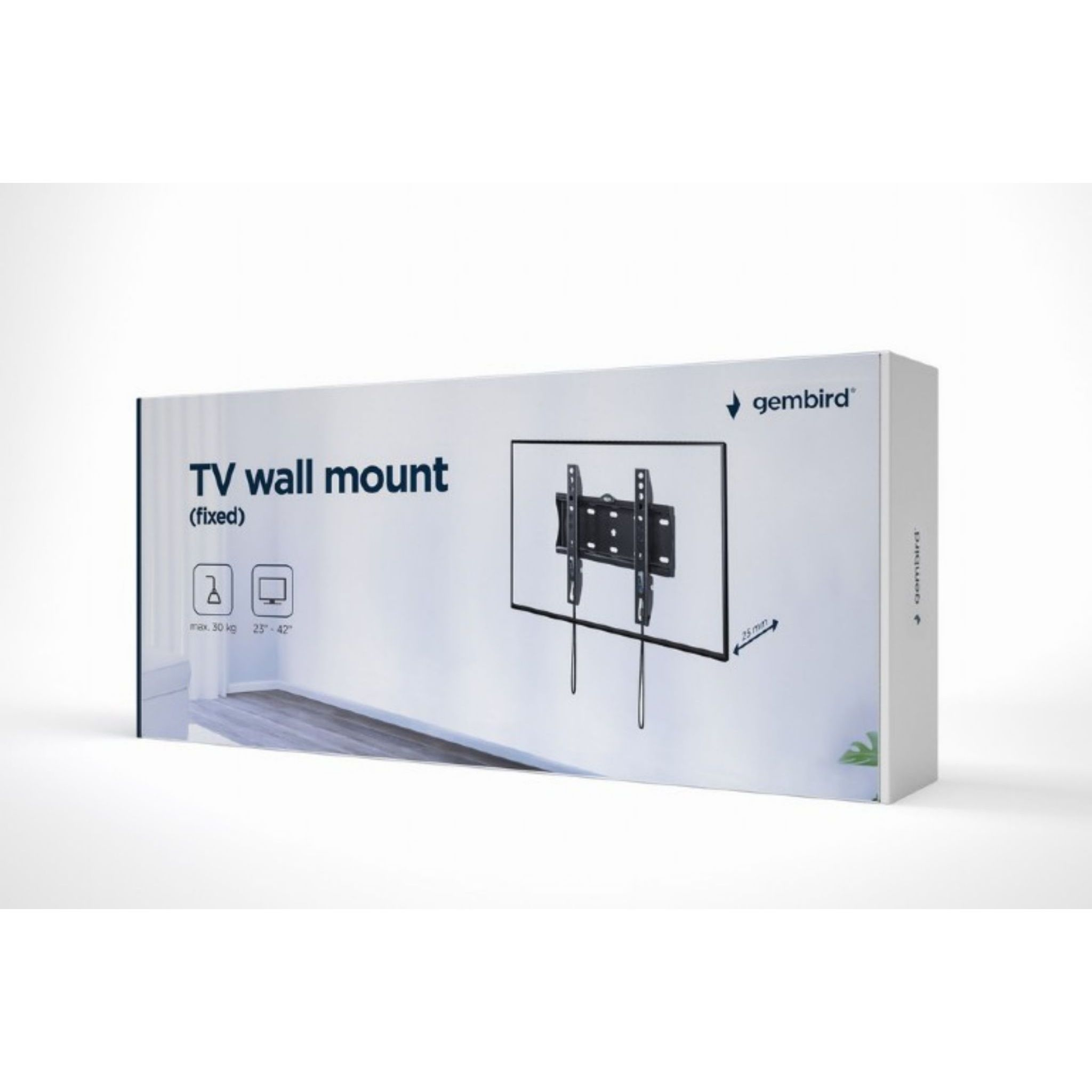 Doos met een tv-wandbeugel. Het toont de beugel, max. gewicht en schermgrootte. Het merk is gembird.