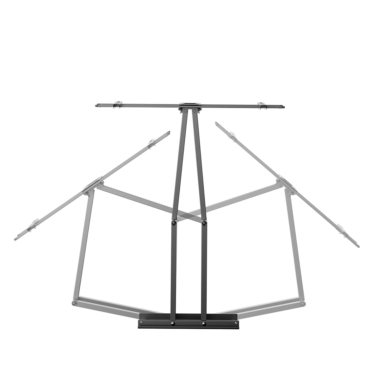 Un soporte metálico negro y gris se muestra sobre un fondo blanco. El soporte tiene brazos ajustables y una barra superior horizontal.
