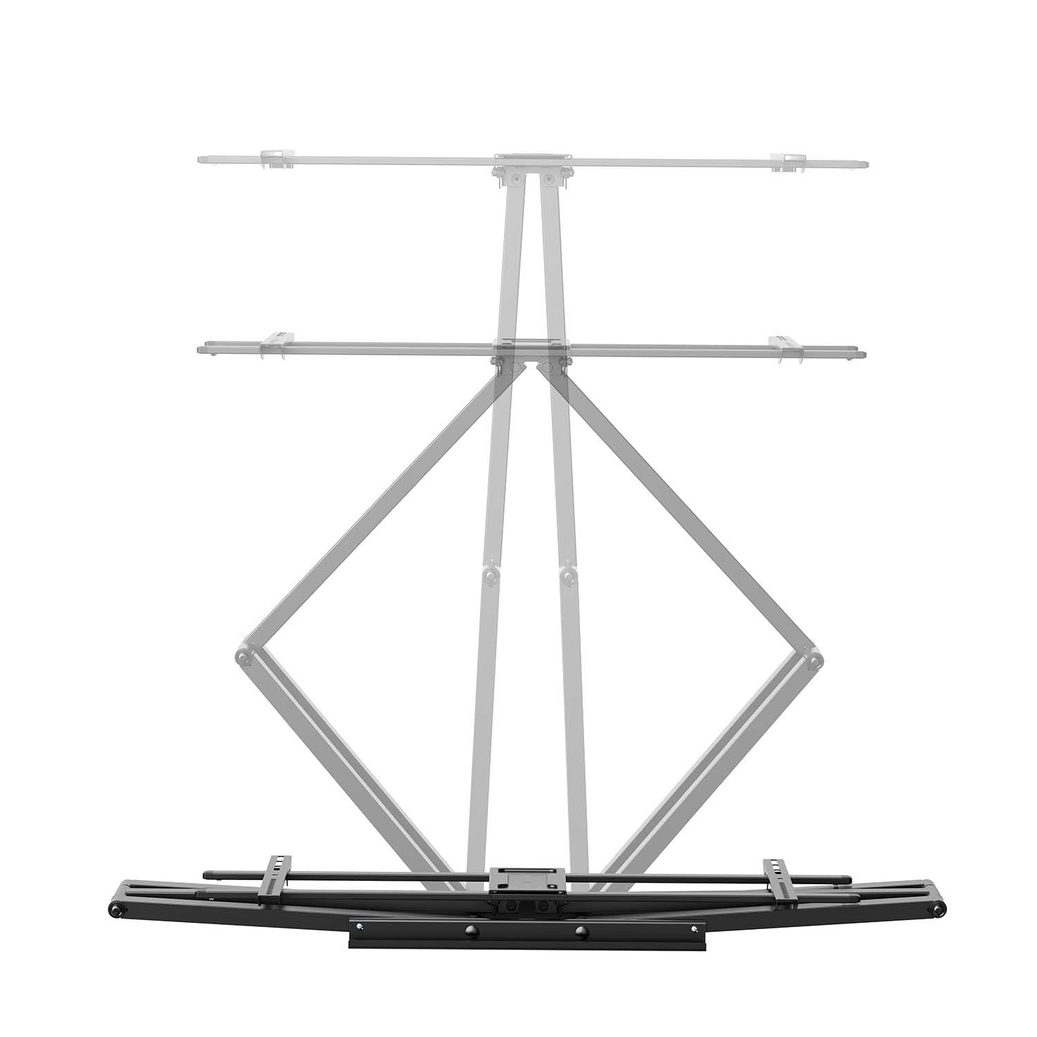 Un soporte de TV ajustable negro y gris se muestra sobre un fondo blanco. El soporte está parcialmente extendido y en movimiento.