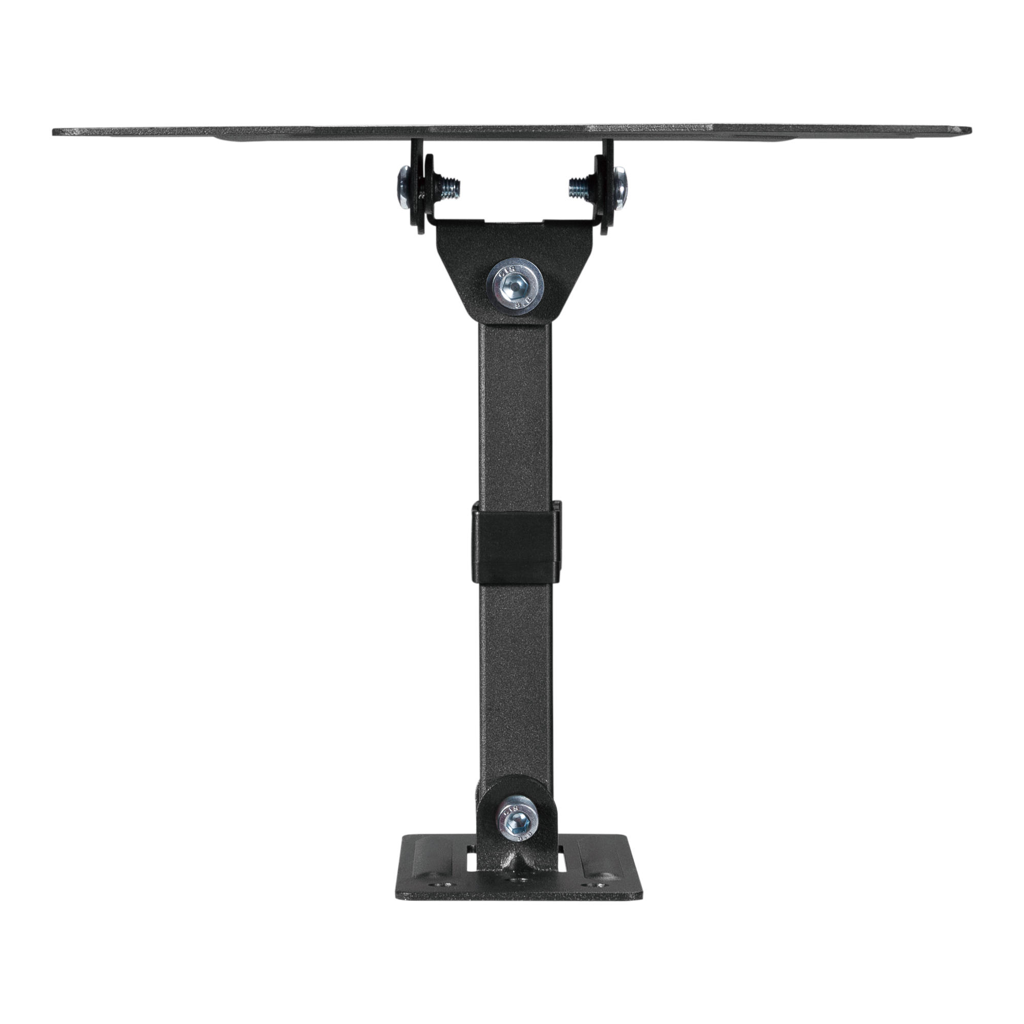 Un soporte de TV metálico negro. Tiene una placa superior, un soporte vertical con abrazadera y una placa base, todo sobre fondo blanco.