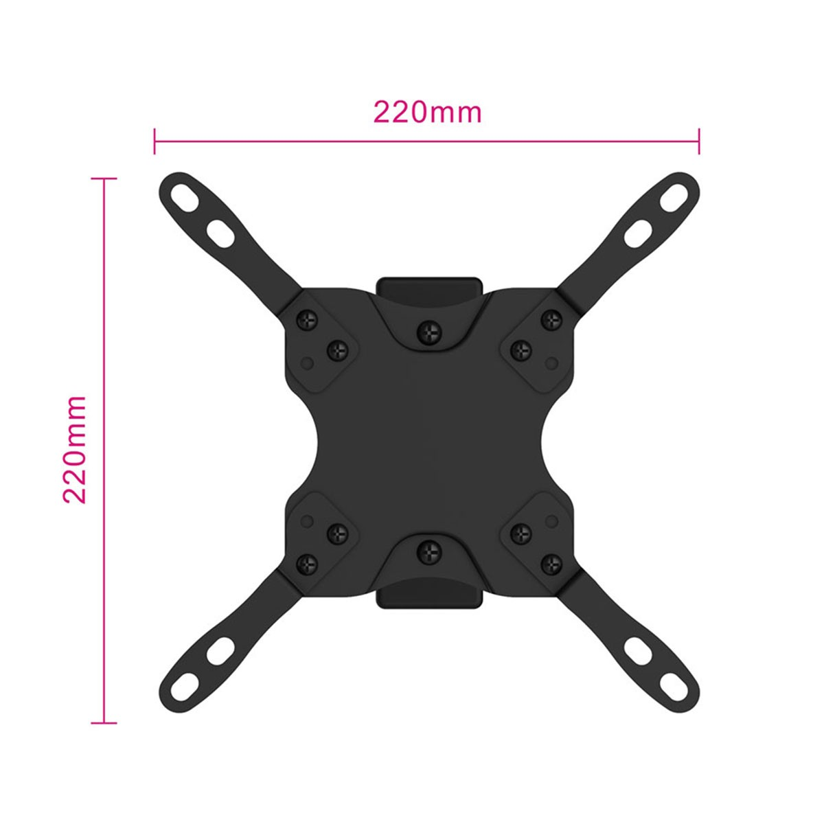Un soporte de TV negro en forma de X. Tiene cuatro brazos que se extienden hacia afuera y un cuadrado central. Dimensiones: 220 mm.