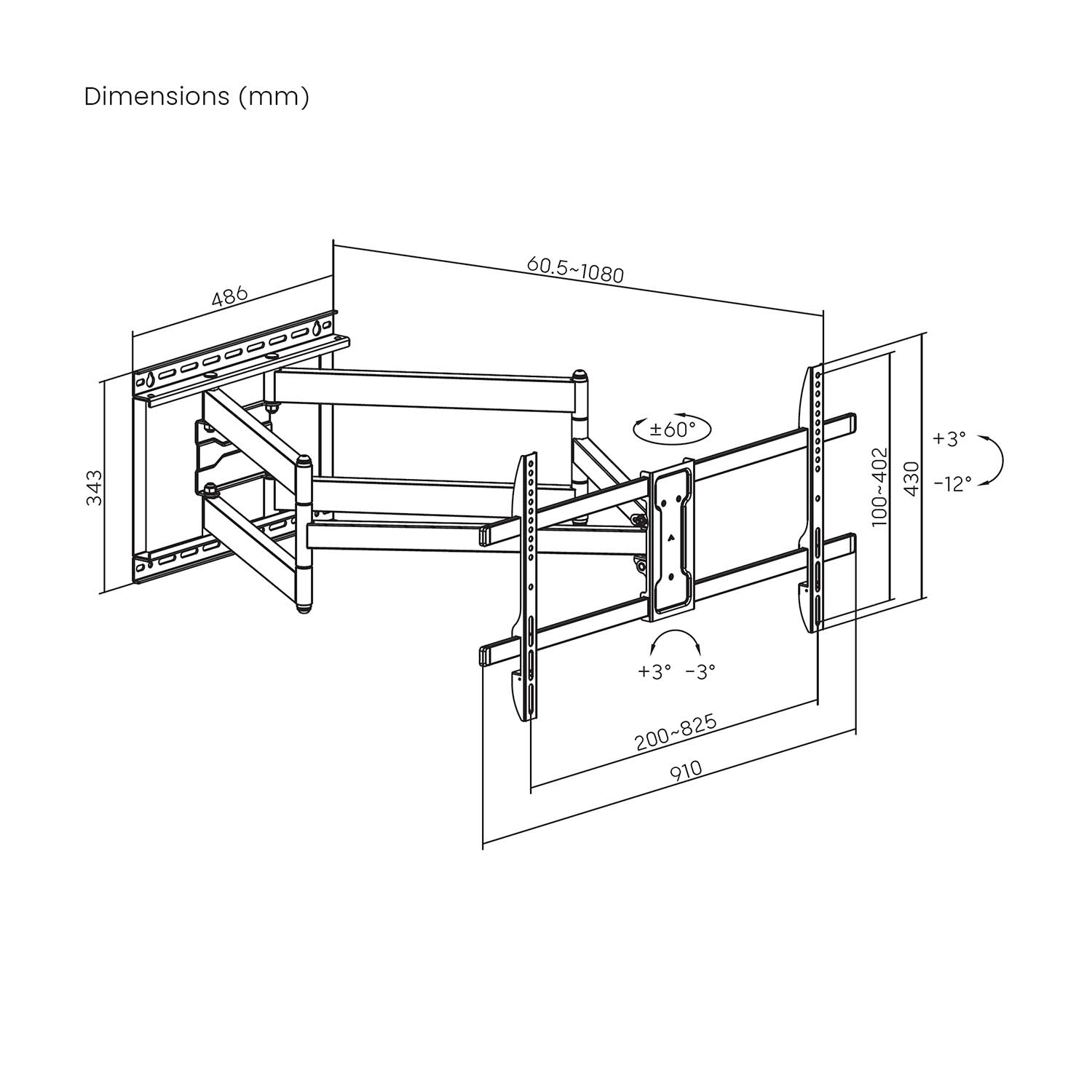 Dibujo técnico de un soporte de TV con dimensiones en milímetros. Muestra varios ángulos y medidas para la instalación.