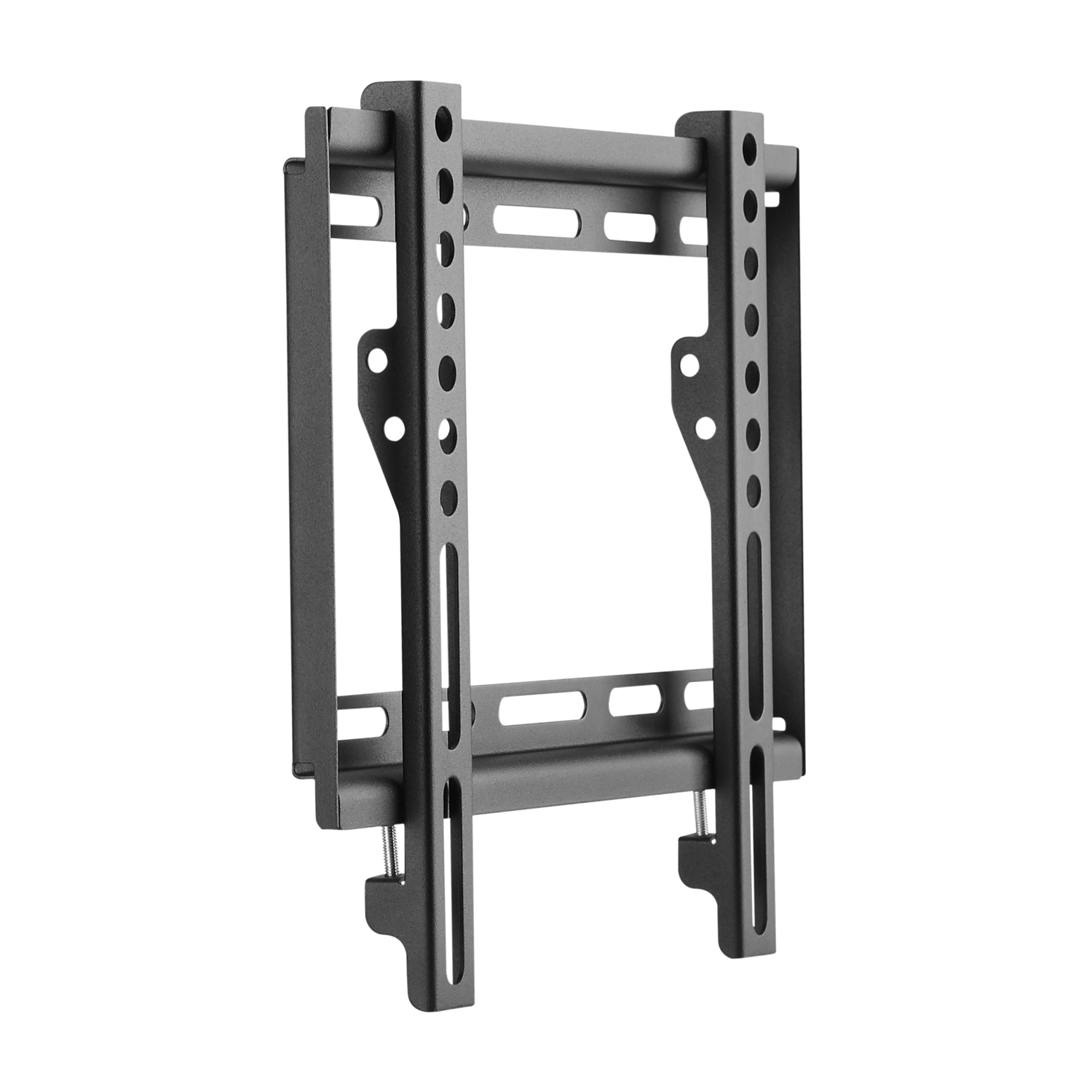 Un soporte de pared de TV de metal negro, con rieles ranurados, orificios y soportes. Está aislado sobre un fondo blanco, ligeramente angulado.