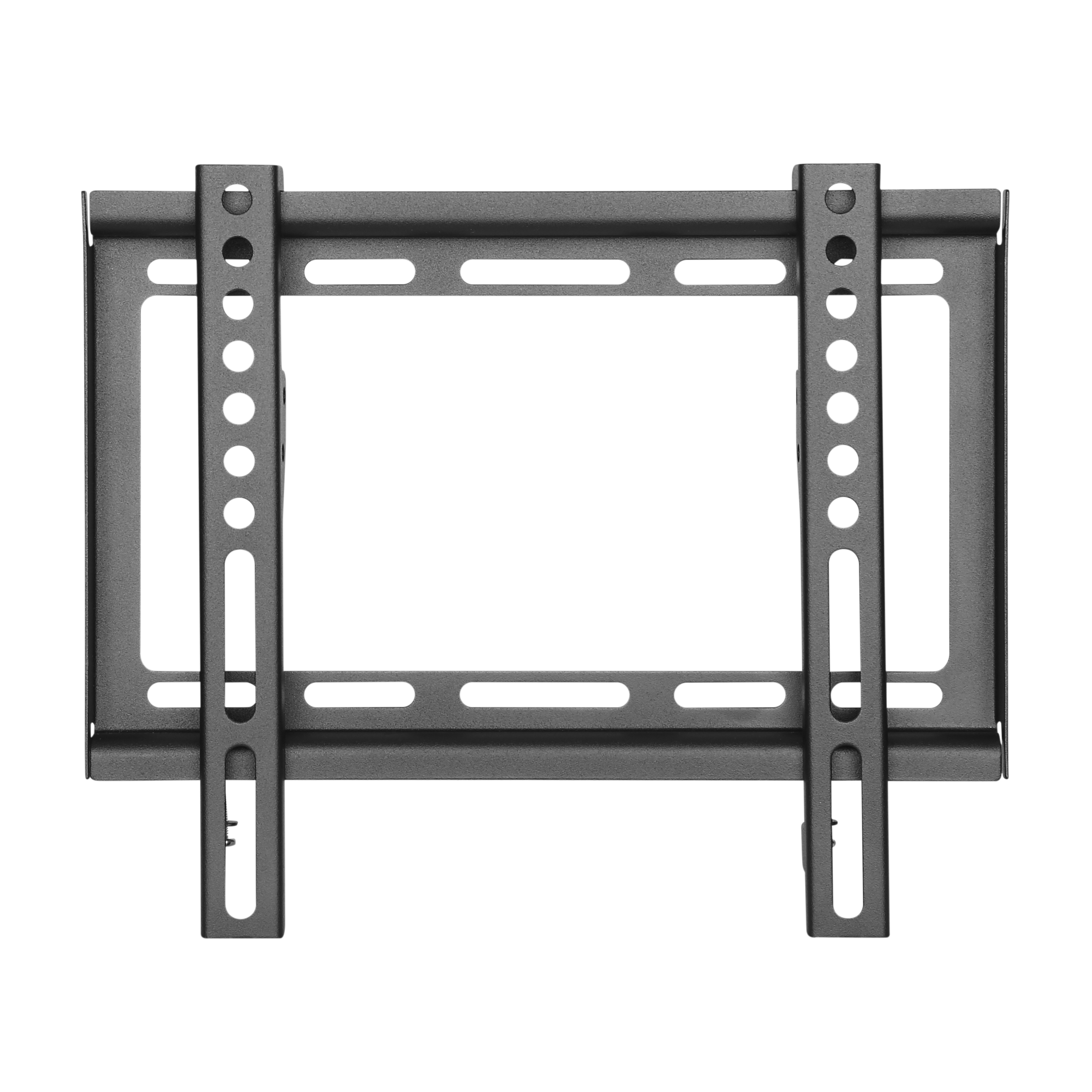 Un soporte de pared de TV metálico negro, diseñado para sostener un televisor de pantalla plana. Tiene múltiples orificios para ajustar la altura.