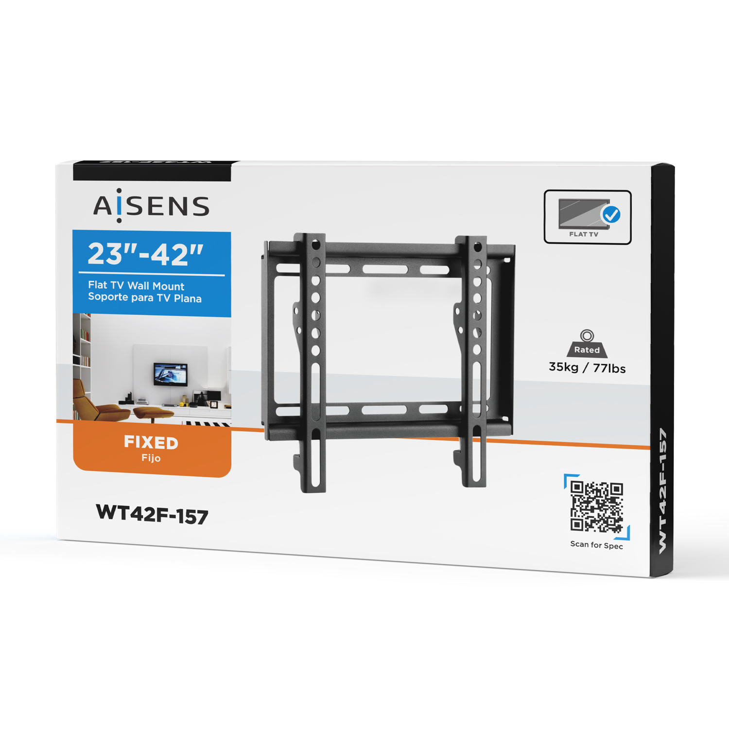Caja con soporte de pared para TV. Negro y plateado, soporta TVs de 23"-42", marca AISENS. El paquete menciona 'Fixed'.