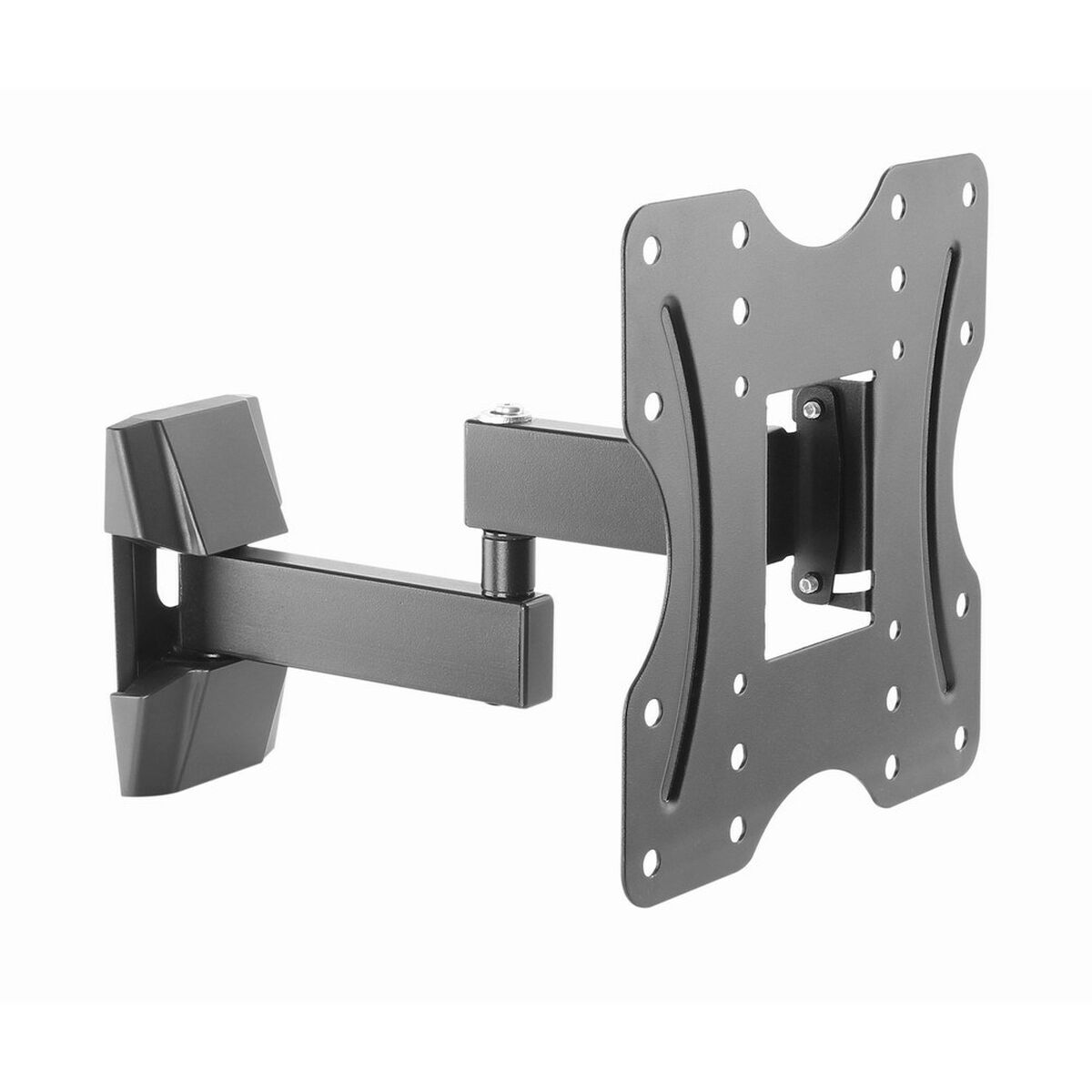 A black, articulated TV wall mount. It has a rectangular base, an arm, and a mounting plate with multiple holes.