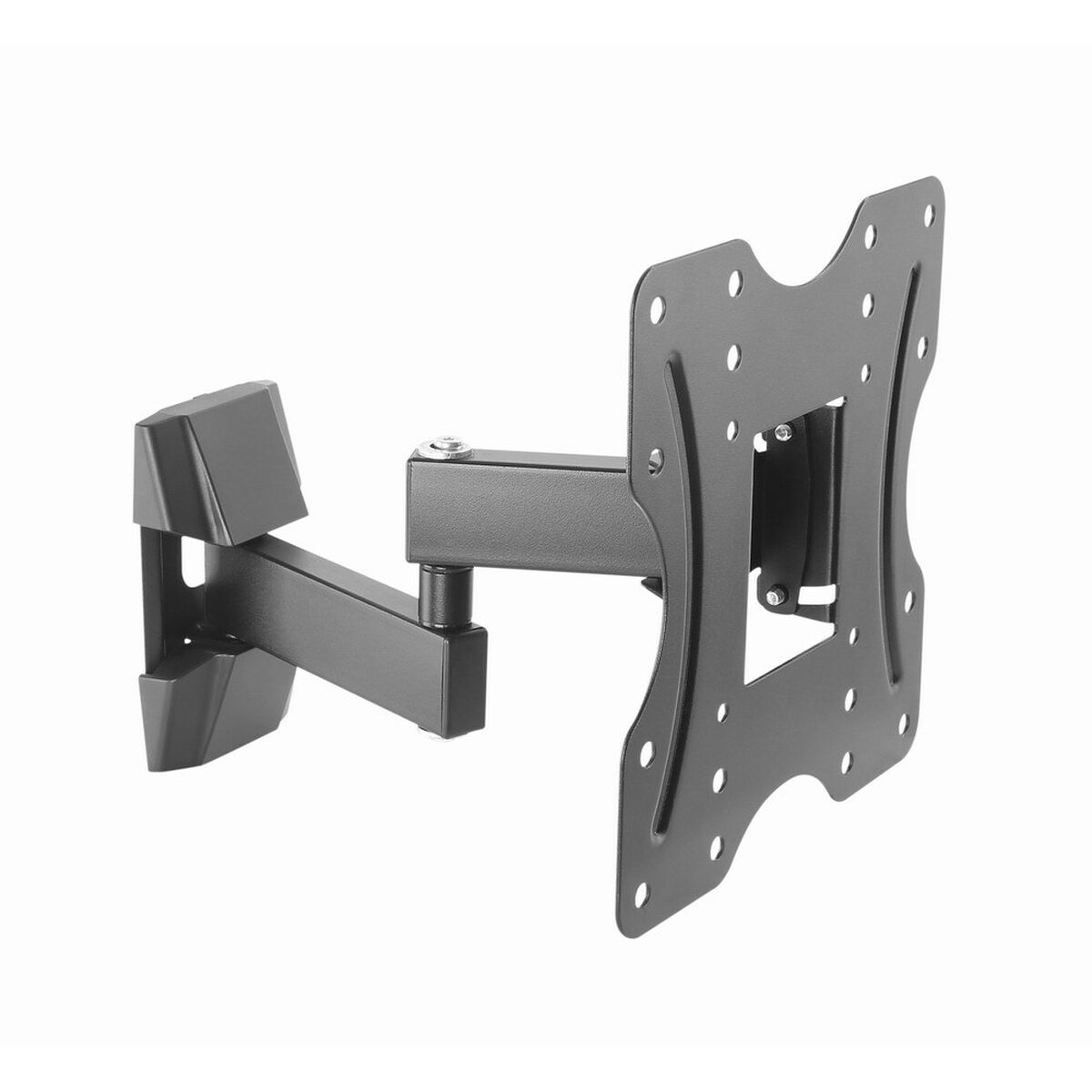 A black, articulated TV wall mount. It has a rectangular base, an arm with pivot points, and a mounting plate with multiple holes.