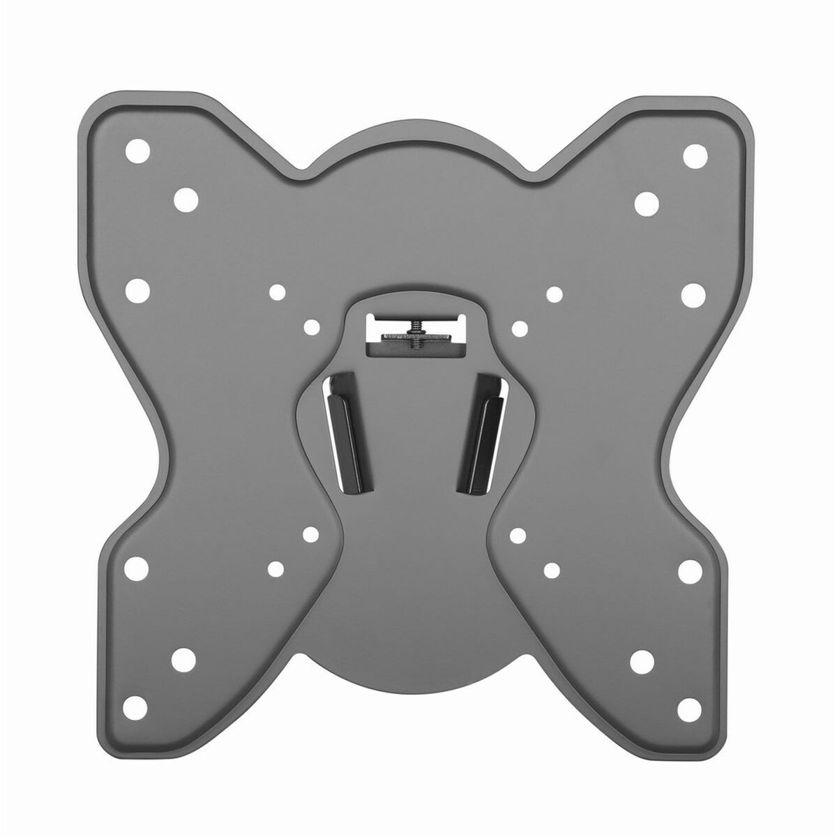 A gray metal TV mount with multiple holes for screws. It has two brackets and a central mounting piece.
