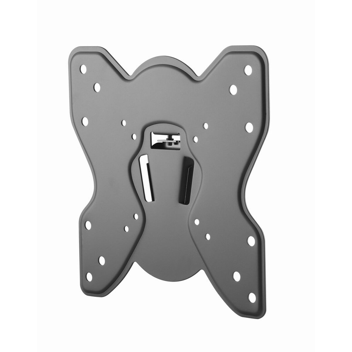 A gray metal TV wall mount. It has multiple holes and slots for screws. The shape is asymmetrical with curved edges.