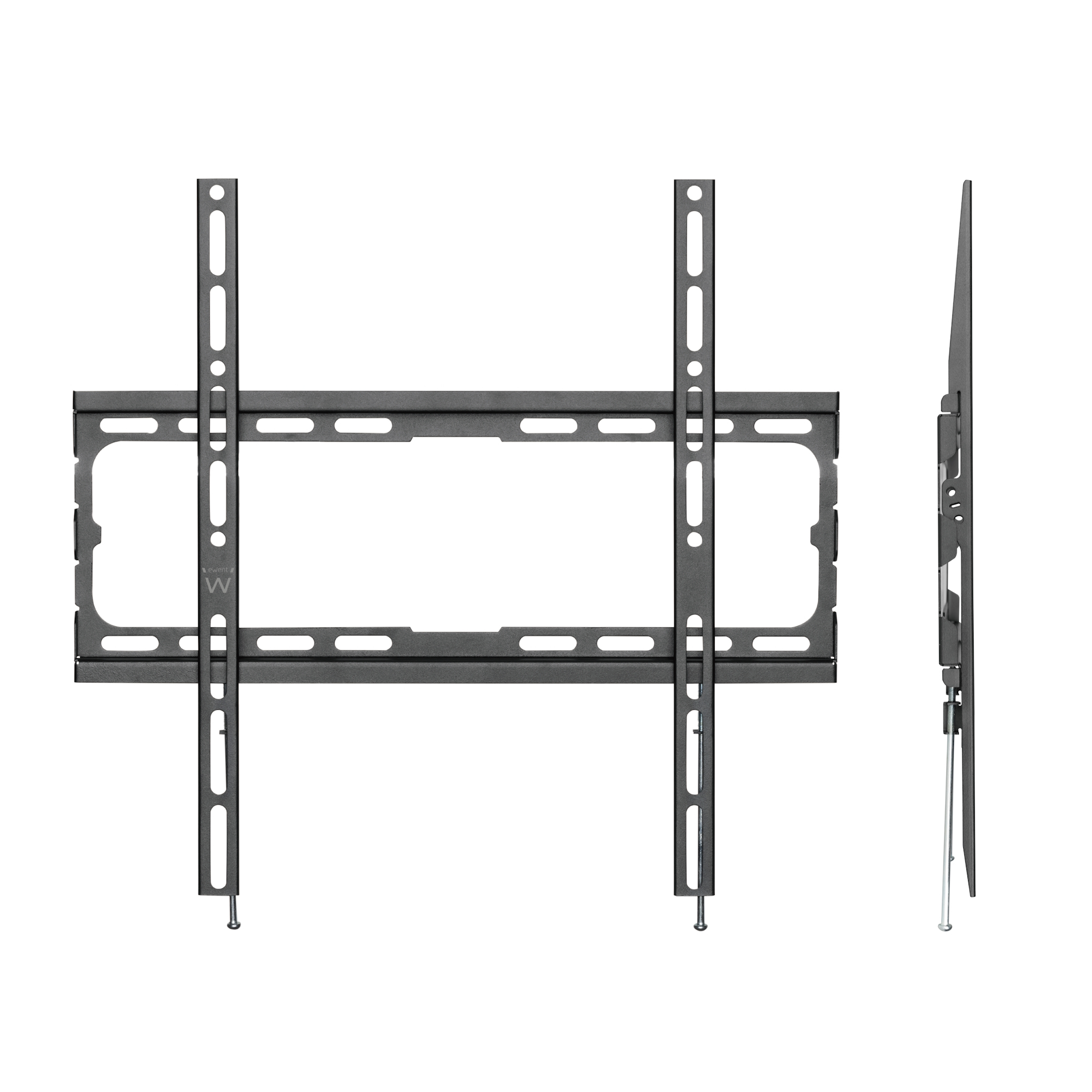 Eine schwarze TV-Wandhalterung aus Metall. Sie hat zwei vertikale und eine horizontale Komponente mit Schraubenlöchern und eine Seitenansicht.