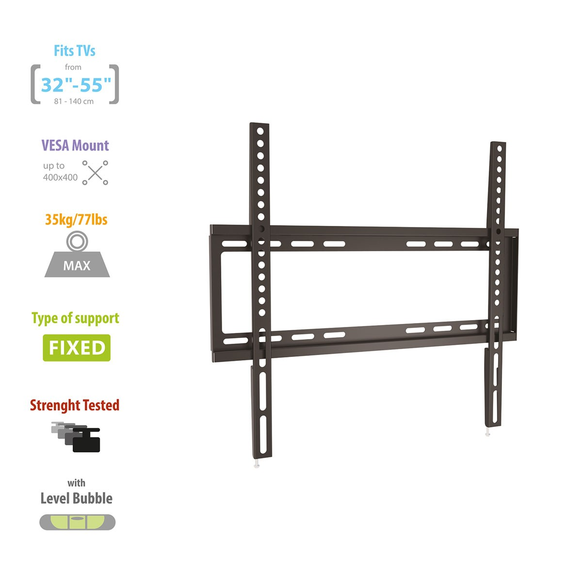 Eine schwarze, feste TV-Wandhalterung. Sie unterstützt Fernseher von 32-55 Zoll, bis zu 35 kg/77 lbs, VESA-Halterung bis 400x400 und eine Wasserwaage.