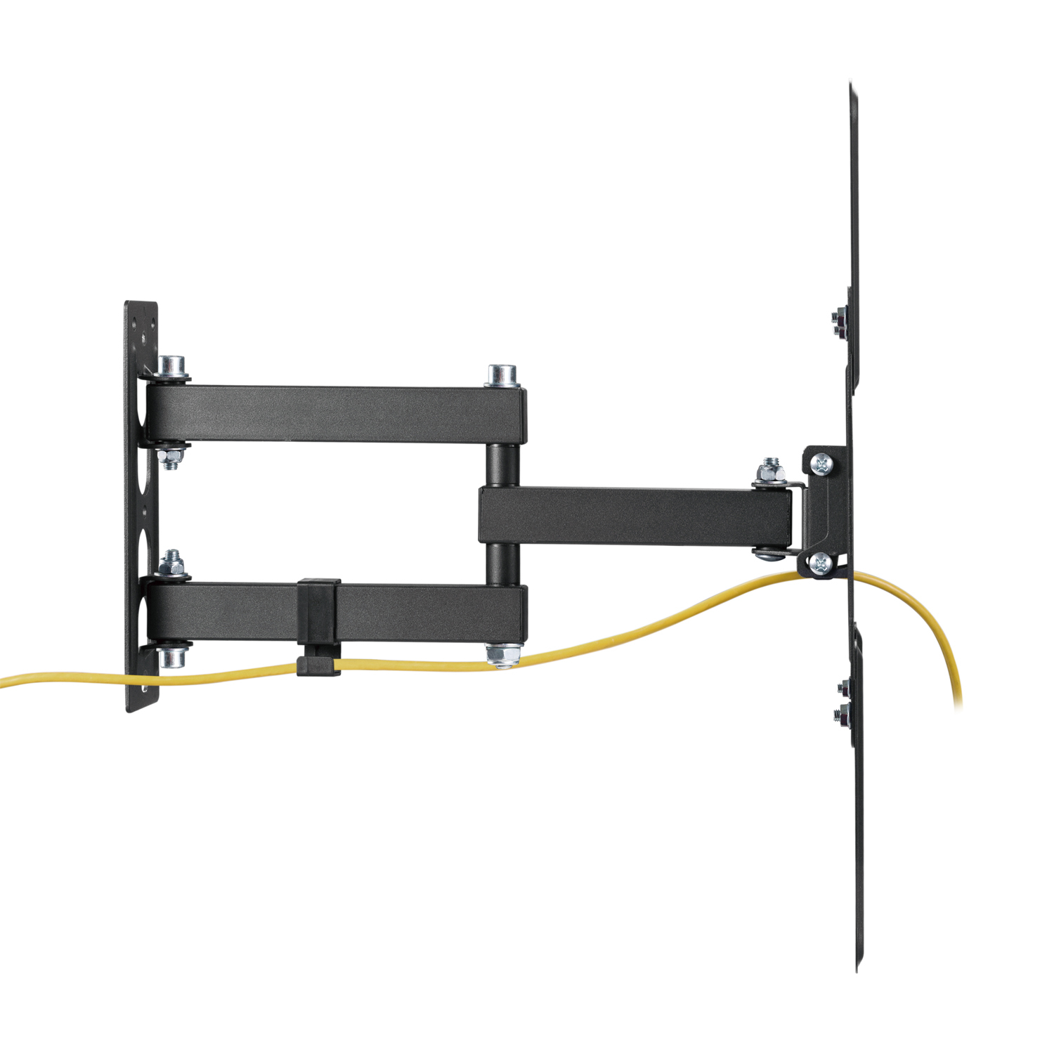 Un soporte de pared para TV negro con cable amarillo se muestra sobre un fondo blanco. El soporte es articulado y tiene varios pernos.
