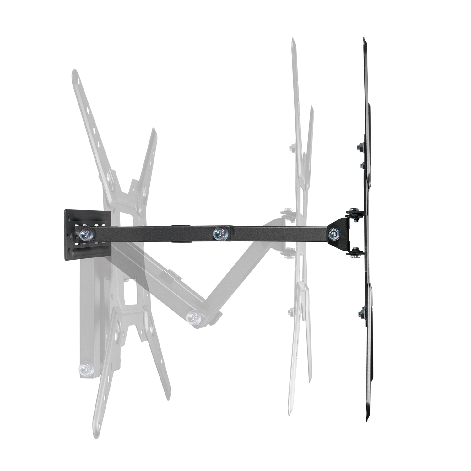 Un soporte de pared para TV negro, extendido. Tiene varias articulaciones y puntos de ajuste. Los tornillos son visibles. Fondo blanco.