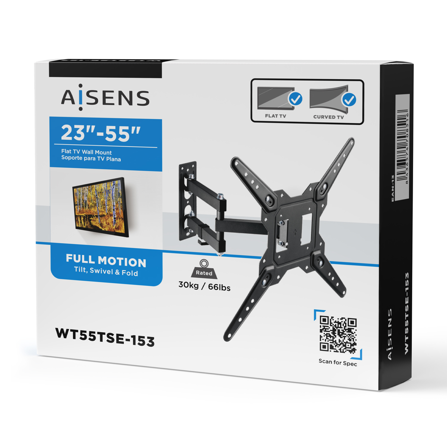 Caja con soporte de pared para TV. El soporte negro se extiende desde la caja. La caja tiene texto: AİSENS, 23"-55", FULL MOTION, WT55TSE-153 e iconos de TV plana/curva.