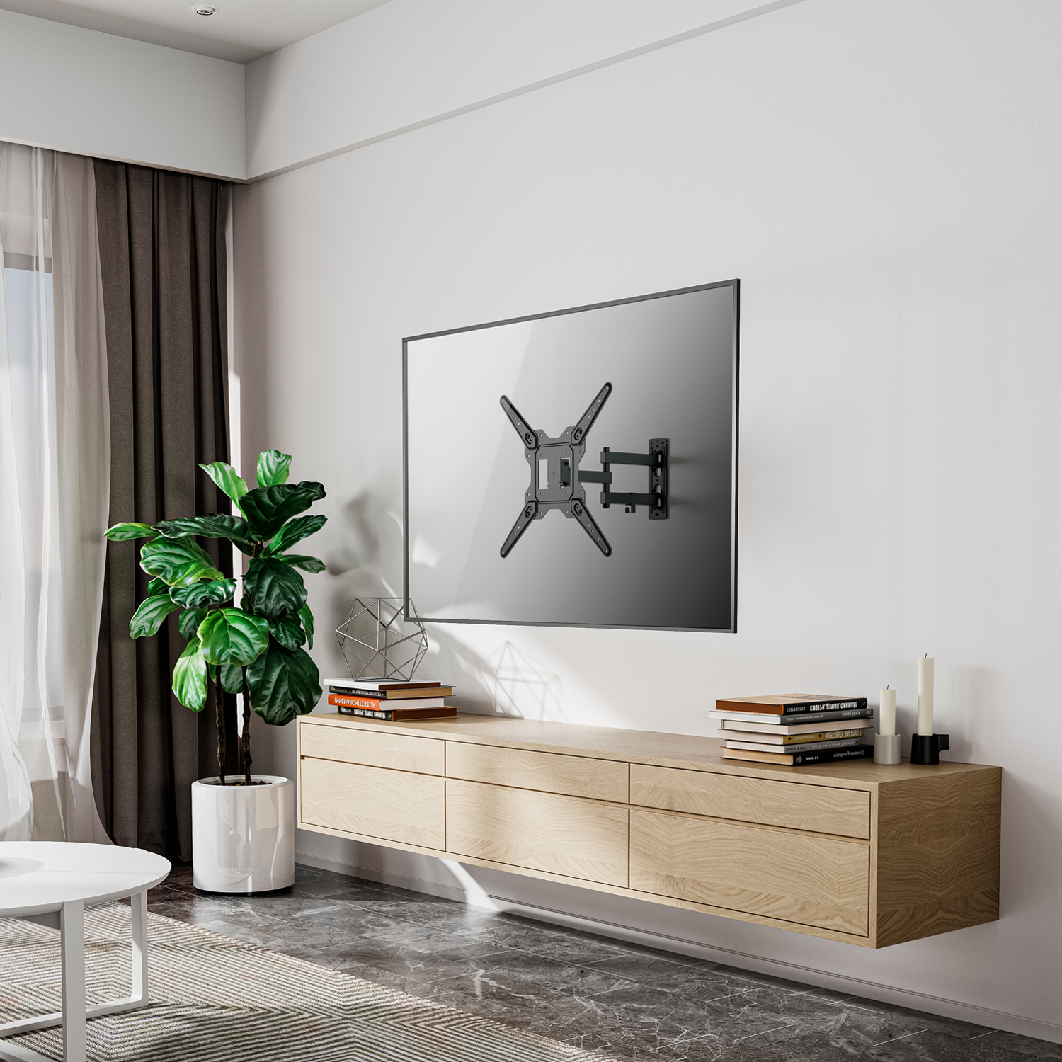 Un salón moderno con TV con soporte de pared, mueble de madera, planta verde y mesa de centro blanca.