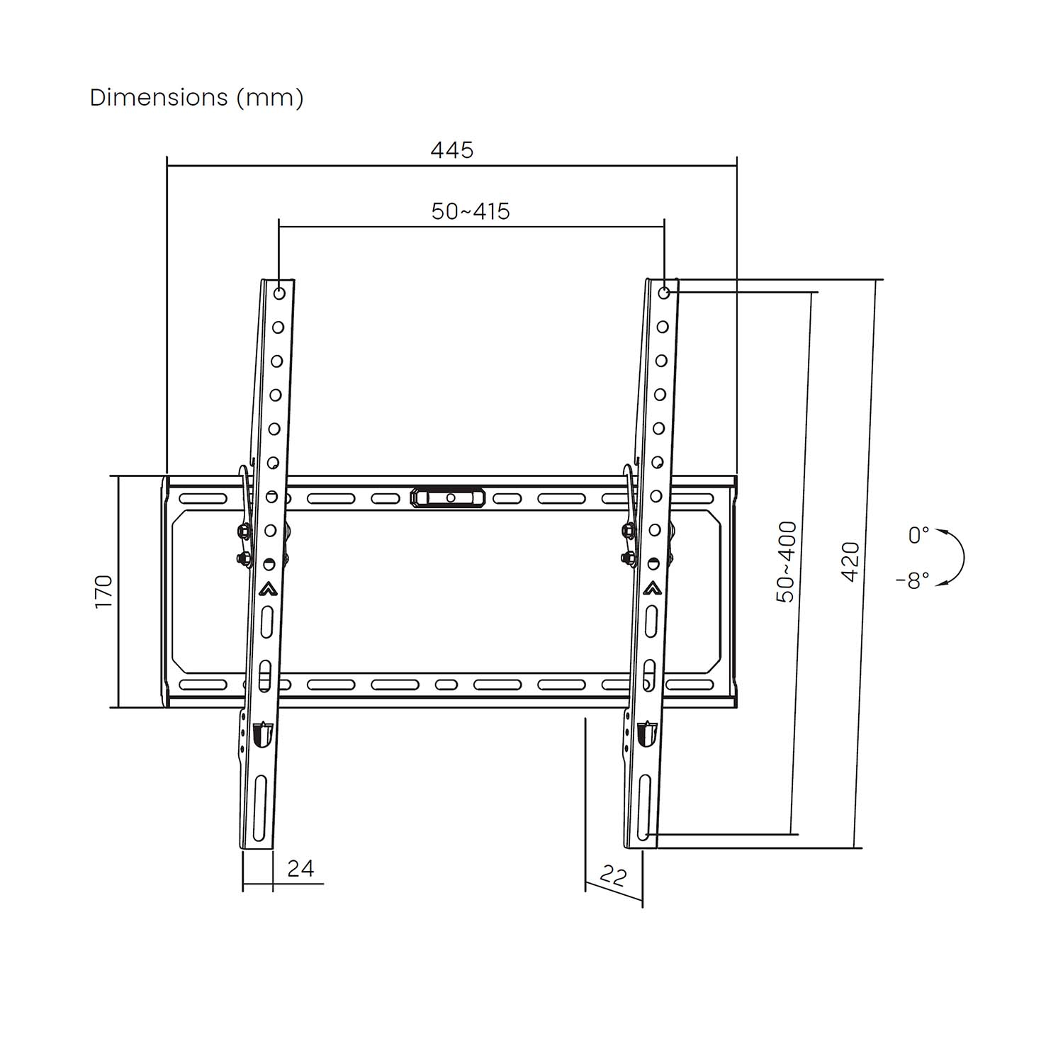 Diagrama de un soporte de TV con dimensiones en mm. Muestra medidas de ancho, alto y ángulos de inclinación. Líneas negras sobre fondo blanco.