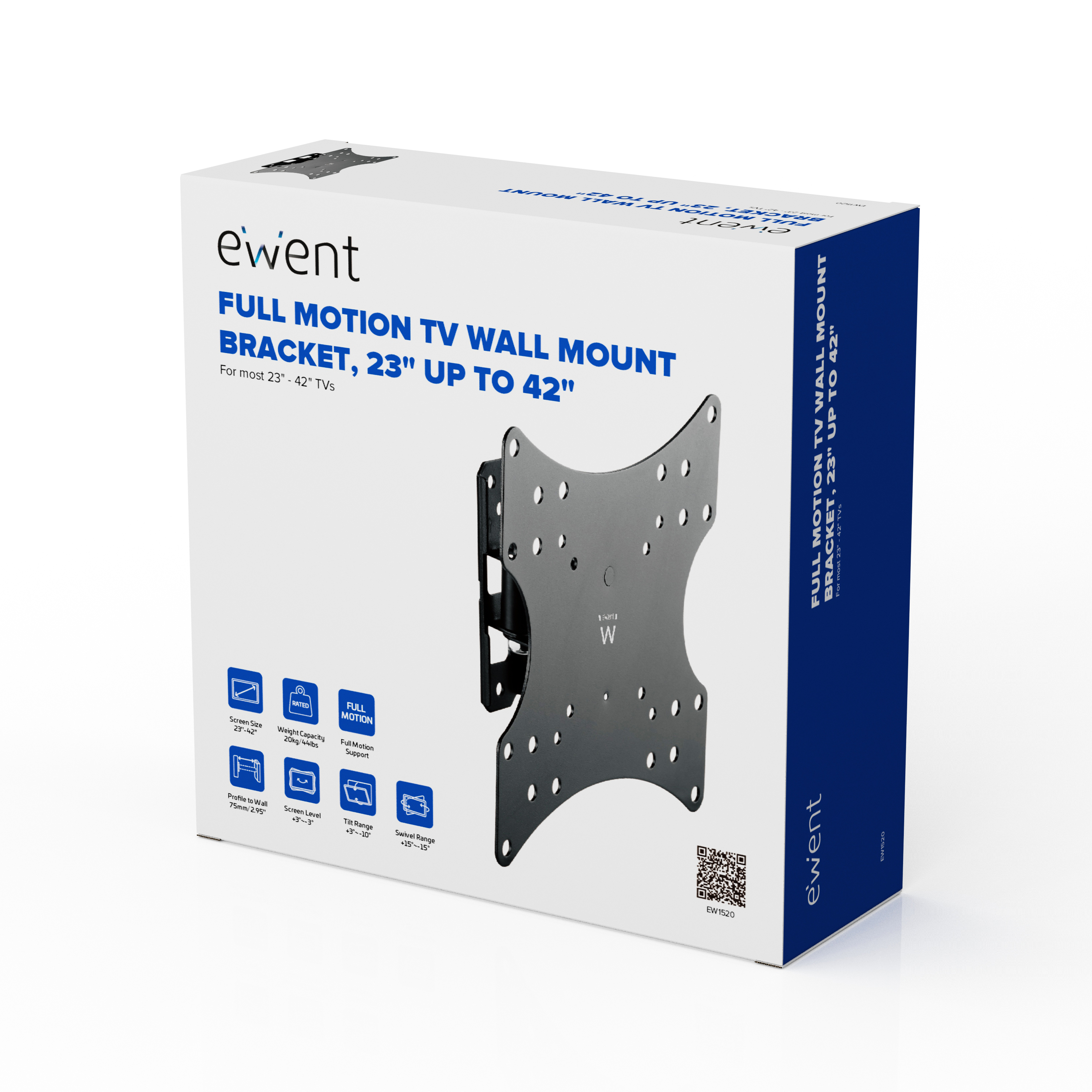 Schachtel zeigt eine schwarze TV-Wandhalterung. Auf der Schachtel steht: 'Full Motion TV Wall Mount Bracket, 23" bis 42"'.