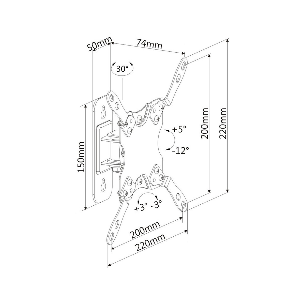 Diagramm einer TV-Wandhalterung mit Abmessungen. Es zeigt die Maße in Millimetern und Winkeln, einschließlich 50 mm, 74 mm, 150 mm, 200 mm, 220 mm, 30°, +5°, -12°, +3°, -3°.