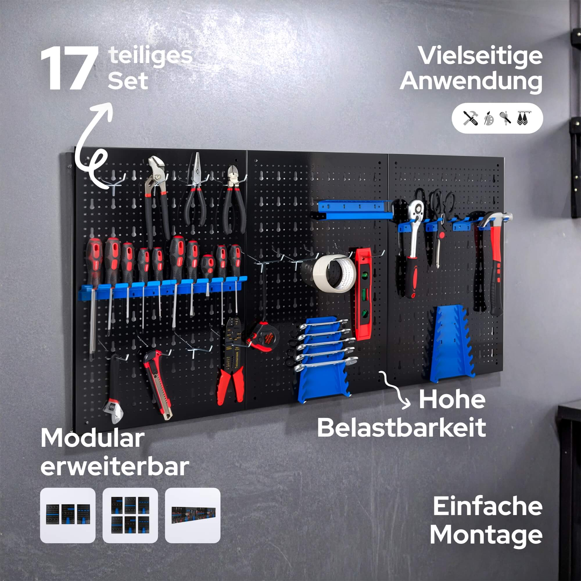 Eine schwarze Lochwand mit Werkzeugen, darunter Schraubendreher, Zangen und ein Hammer. Text: '17 teiliges Set' und andere Merkmale.