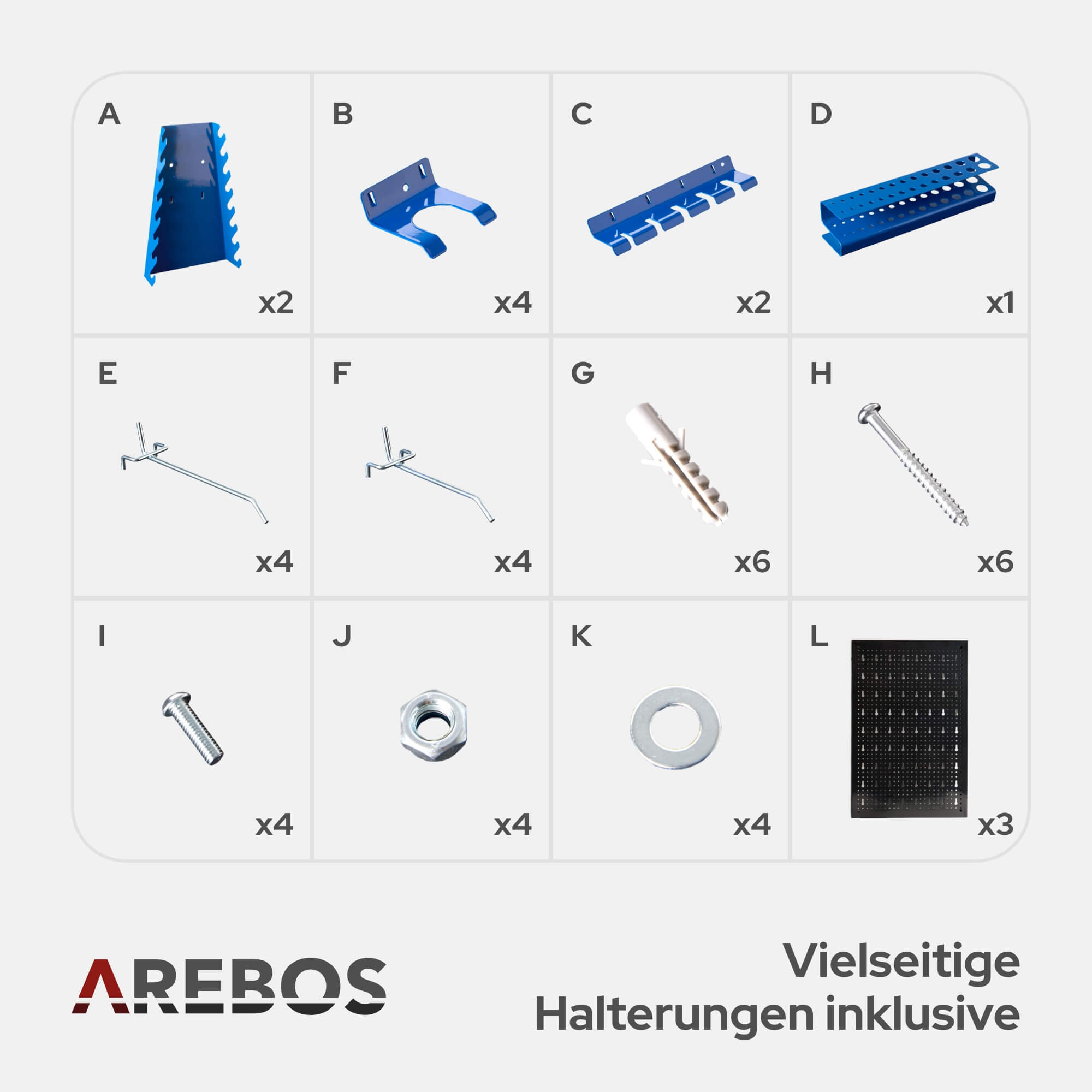 Das Bild zeigt verschiedene blaue Metall-Werkzeughalter und Befestigungsmaterial. Enthält Schrauben, Muttern, Unterlegscheiben und Lochwände.