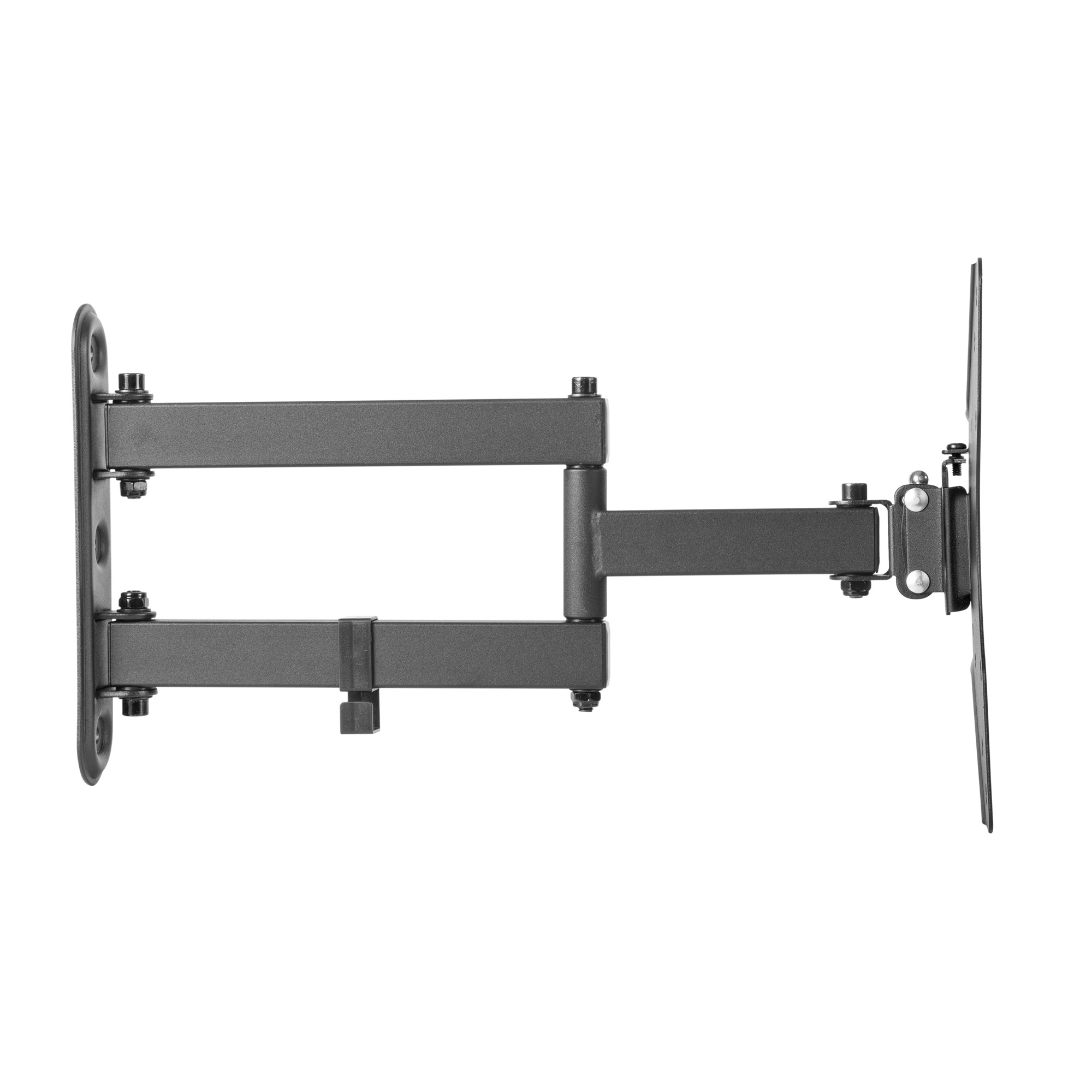 Un supporto a parete per TV grigio scuro su sfondo bianco. Il supporto è composto da diversi bracci articolati e una piastra di montaggio.