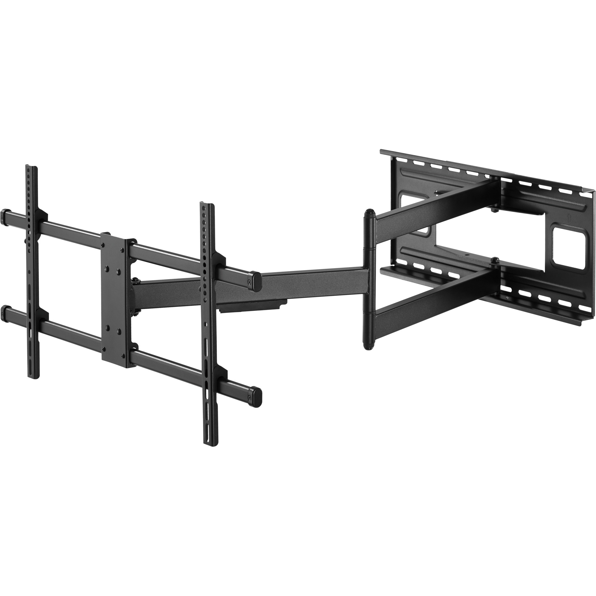 Un support mural TV noir et articulé. Il possède plusieurs bras et supports, conçus pour maintenir un téléviseur à écran plat, sur fond blanc.