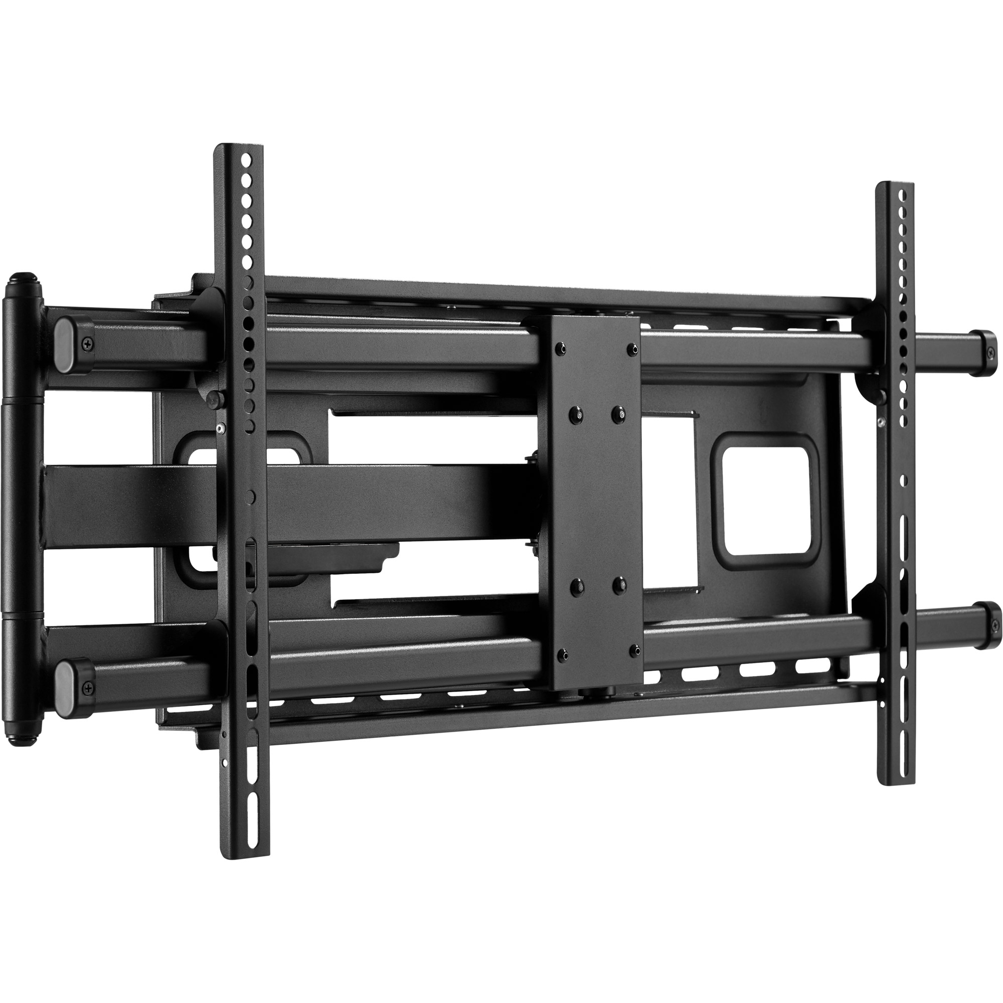 Un support mural TV noir, composé de barres et de supports métalliques, conçu pour fixer un téléviseur au mur.