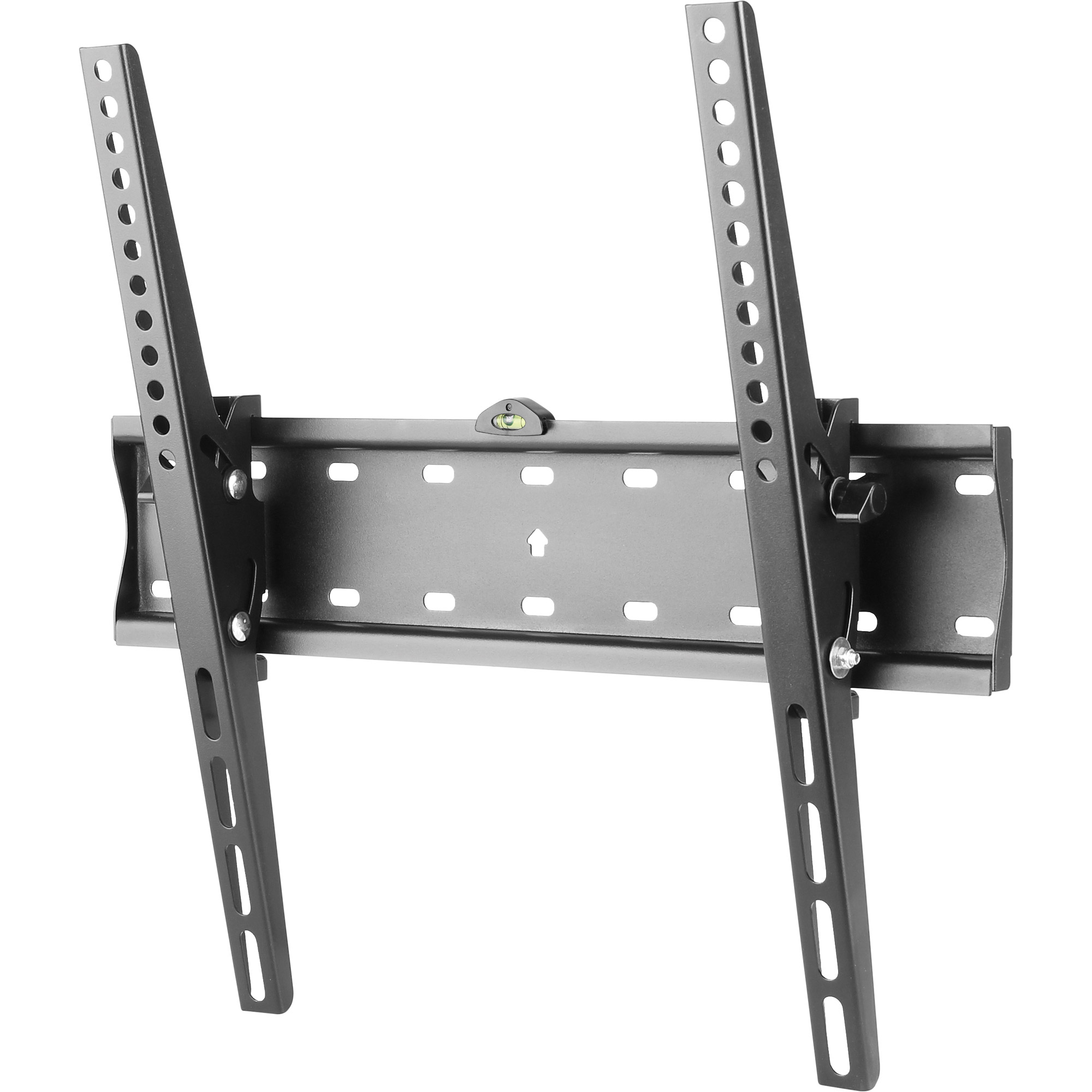 Un support TV noir sur fond blanc. Il possède deux bras verticaux avec des trous et une base horizontale.