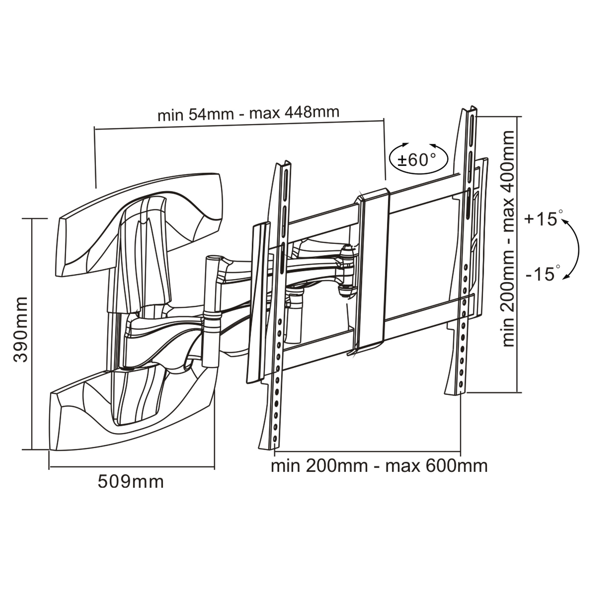 Diagramma di un supporto a parete per TV che mostra dimensioni, angoli e intervalli di regolazione, con misure in millimetri.