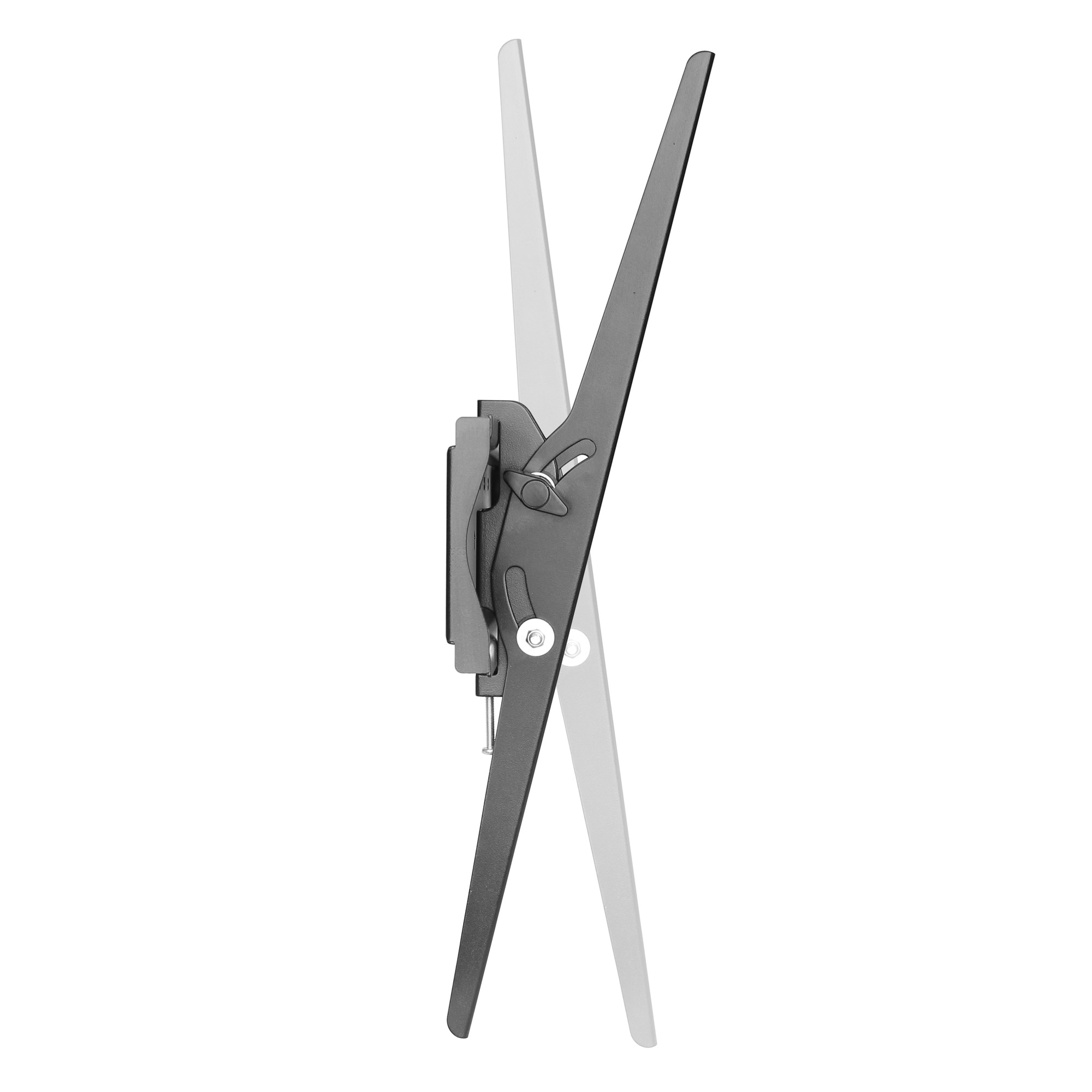 Un support TV noir et blanc, légèrement incliné, sur fond blanc. Le support est en position ouverte.