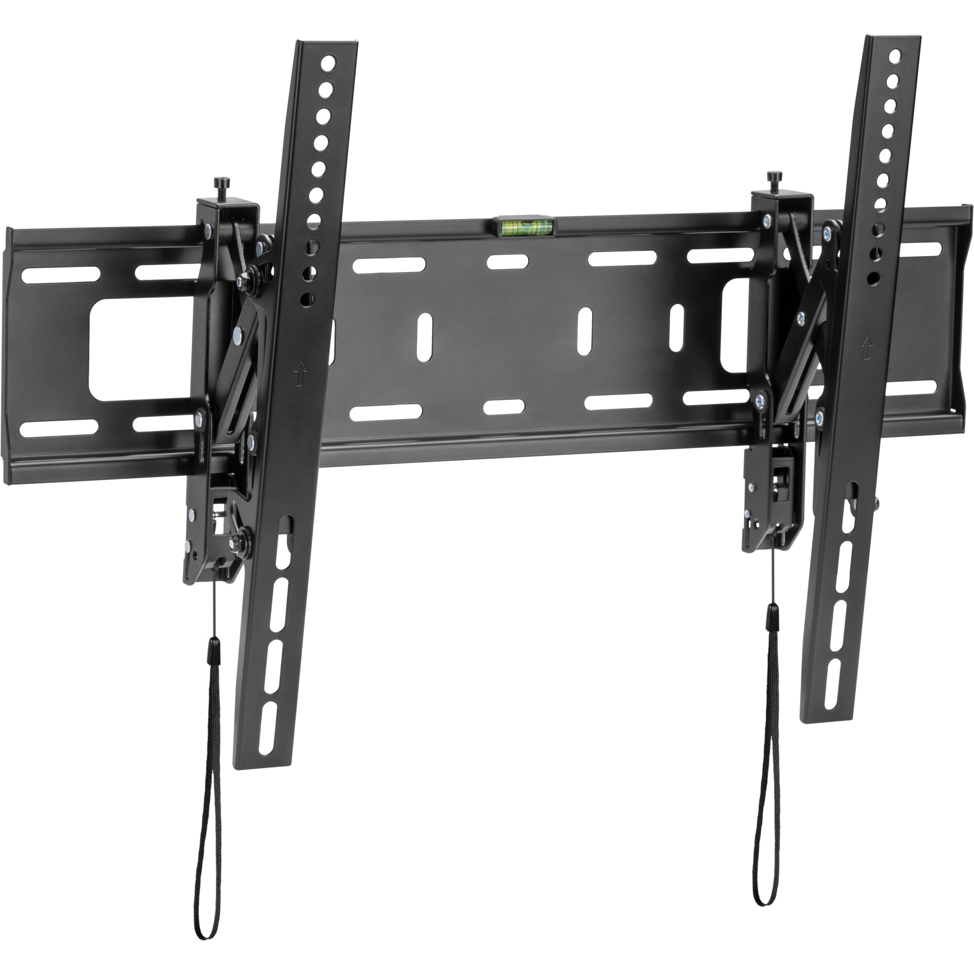 Un supporto a parete per TV nero su sfondo bianco. Presenta due bracci verticali e una barra orizzontale con livella.