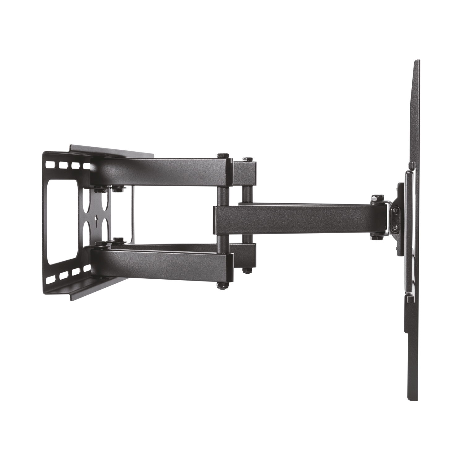 Un soporte de pared para TV negro y articulado sobre un fondo blanco. Tiene varias articulaciones y un soporte para fijarlo a la pared y al televisor.