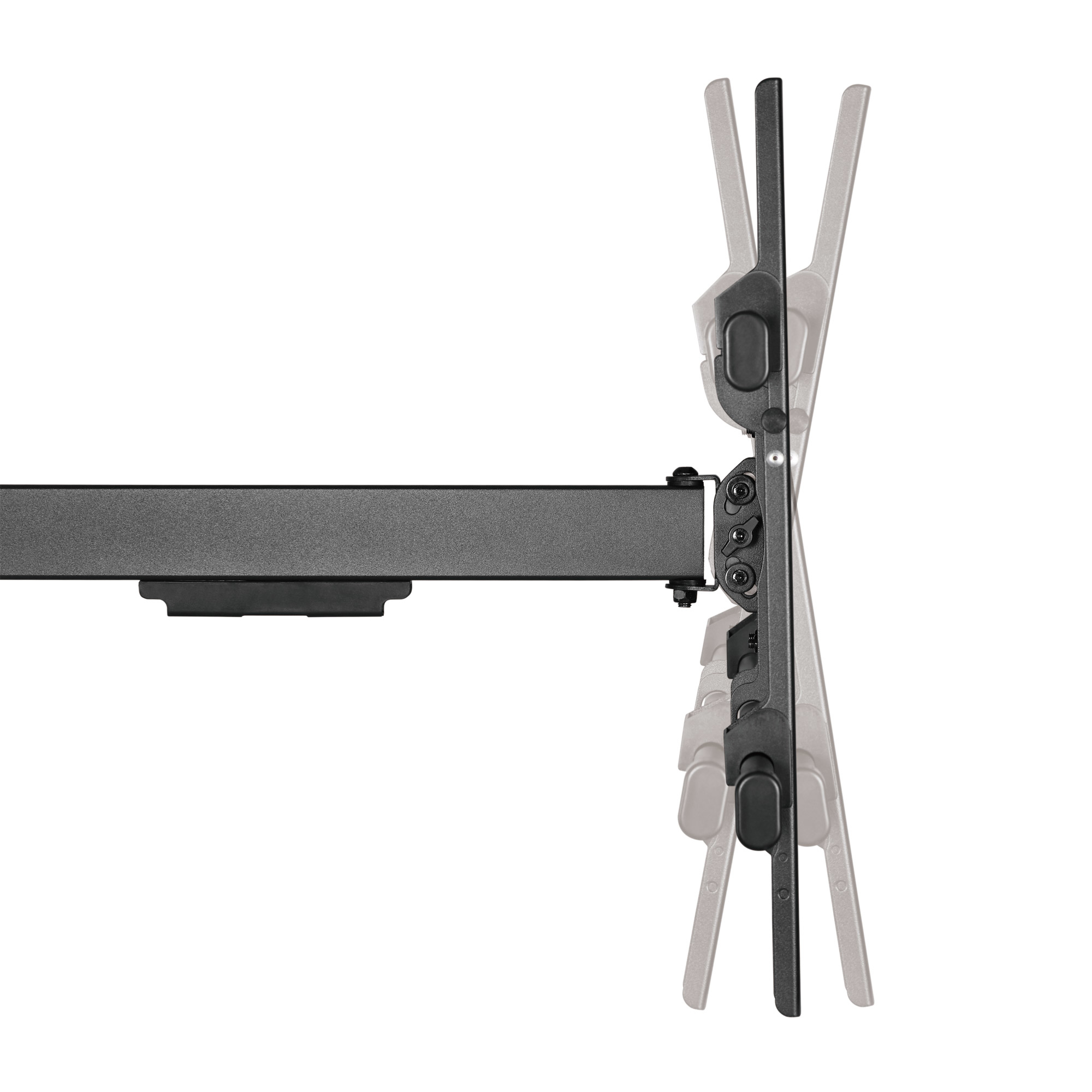 Un support TV noir et gris est affiché sur fond blanc. Il possède un bras horizontal et une section verticale réglable.