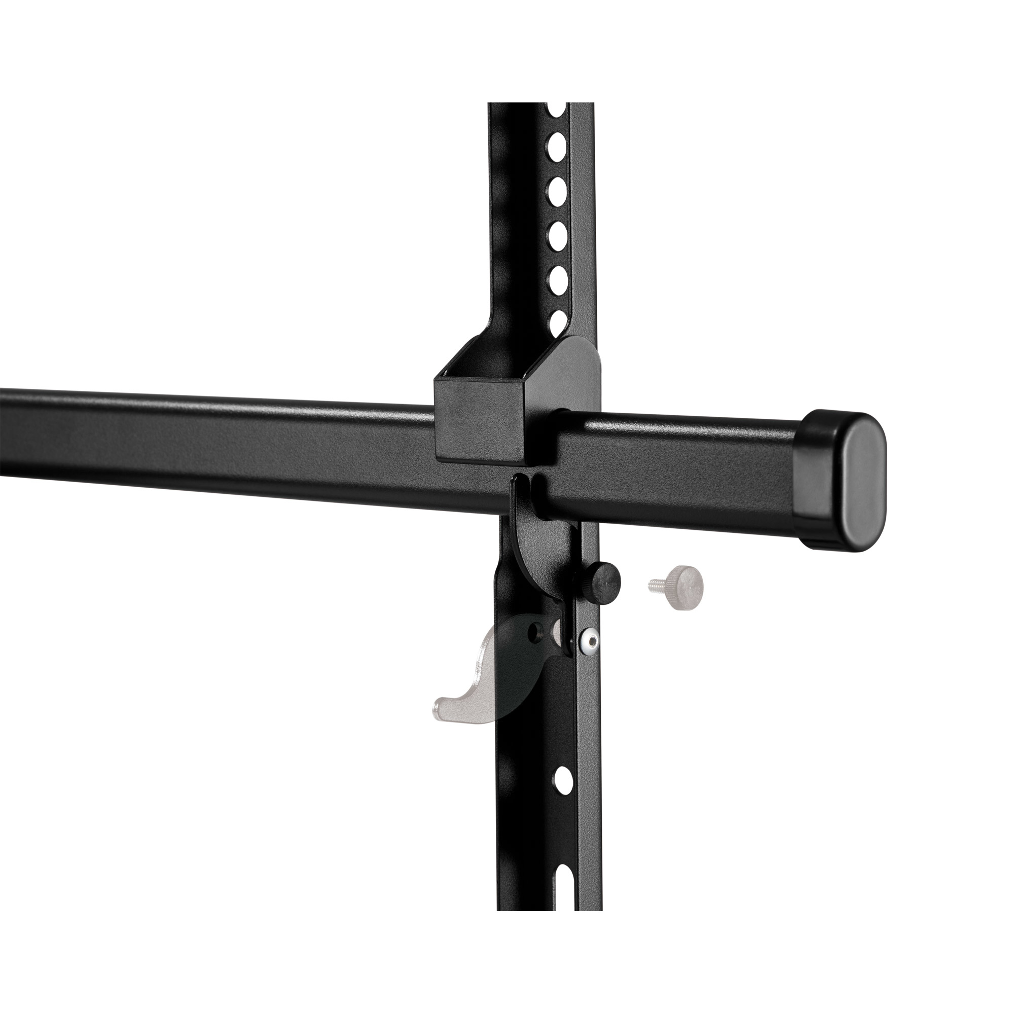 Gros plan sur un système de support métallique noir. Il comporte un support vertical, une barre horizontale et une vis.