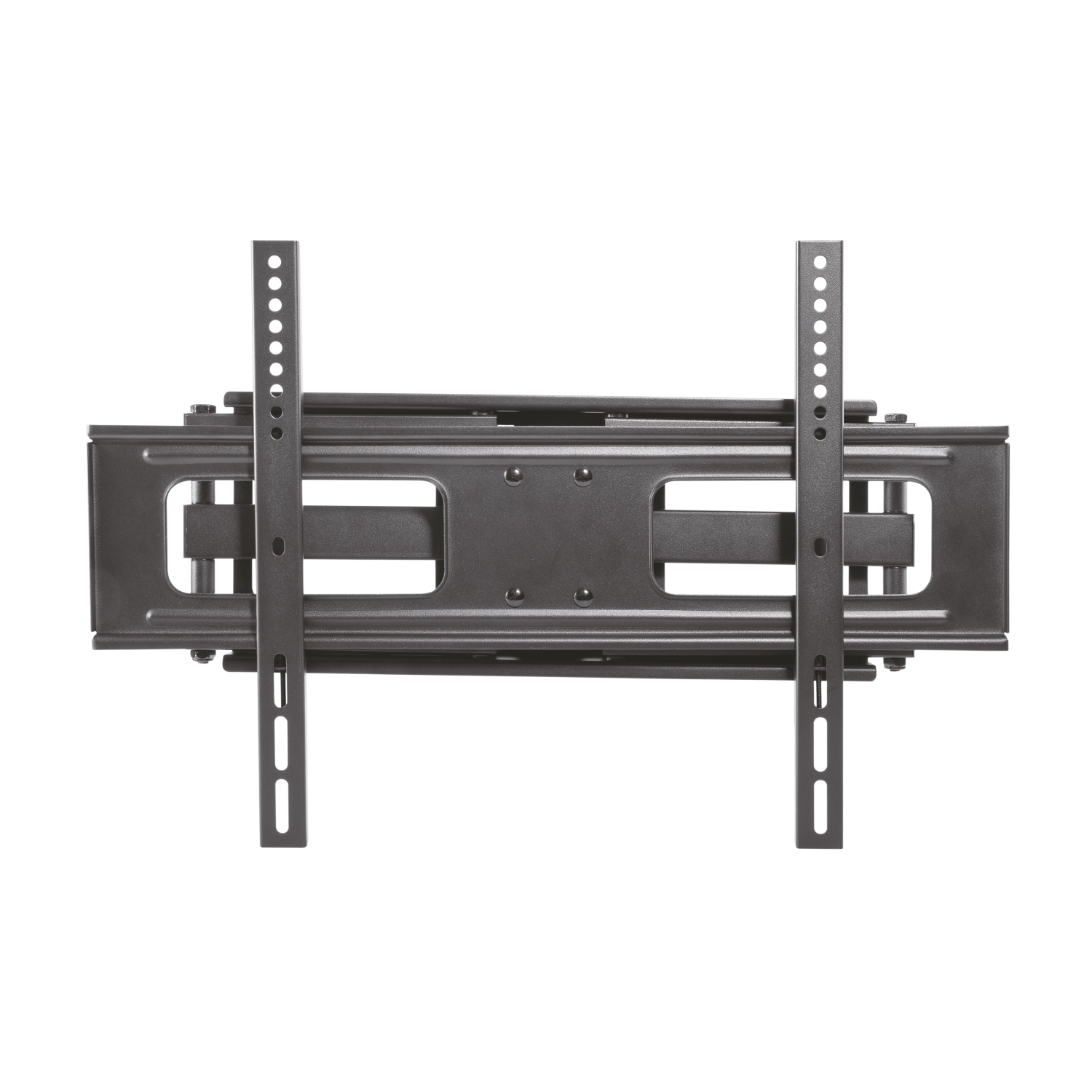 Un soporte de pared para TV negro. Tiene dos rieles verticales con agujeros y un marco horizontal. El soporte está sobre un fondo blanco.