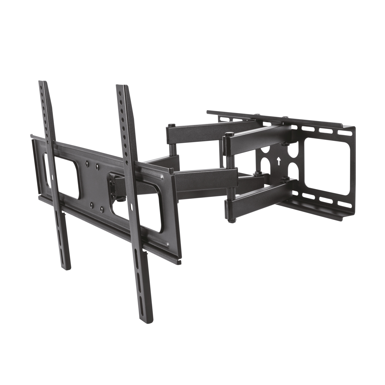Un soporte de pared de TV de metal negro, con múltiples brazos articulados y soportes, diseñado para montar un televisor.